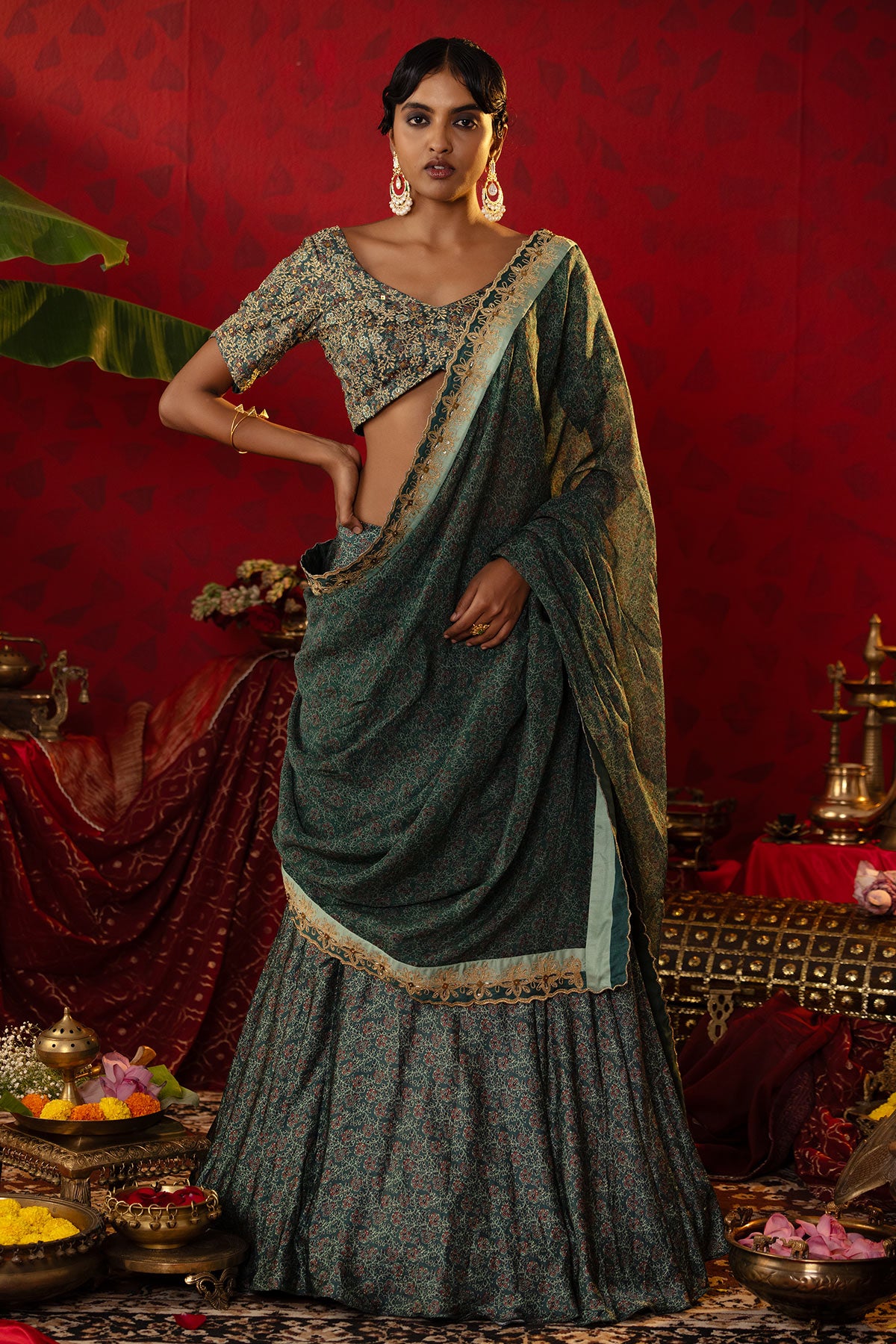 Emerald Green Ajrakh Lehenga Set