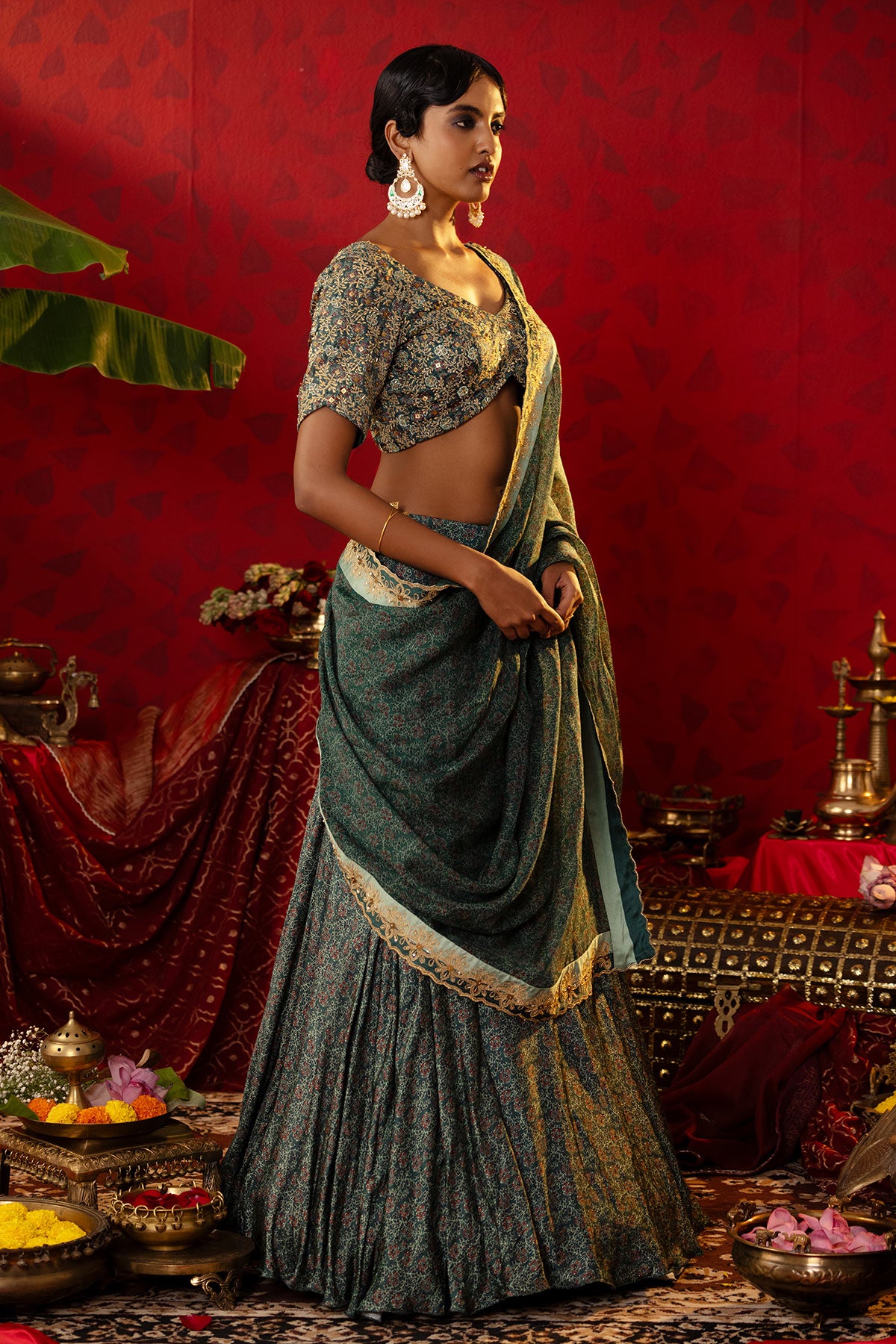 Emerald Green Ajrakh Lehenga Set