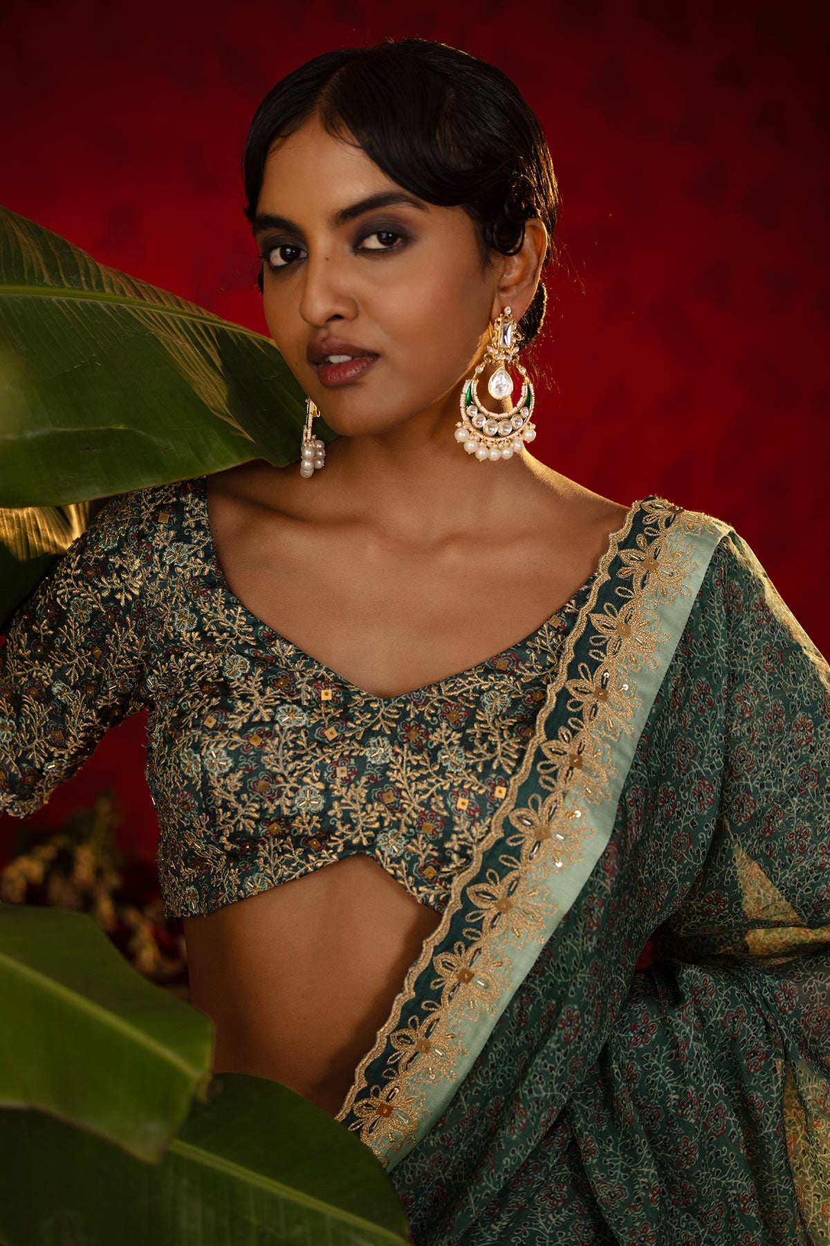 Emerald Green Ajrakh Lehenga Set
