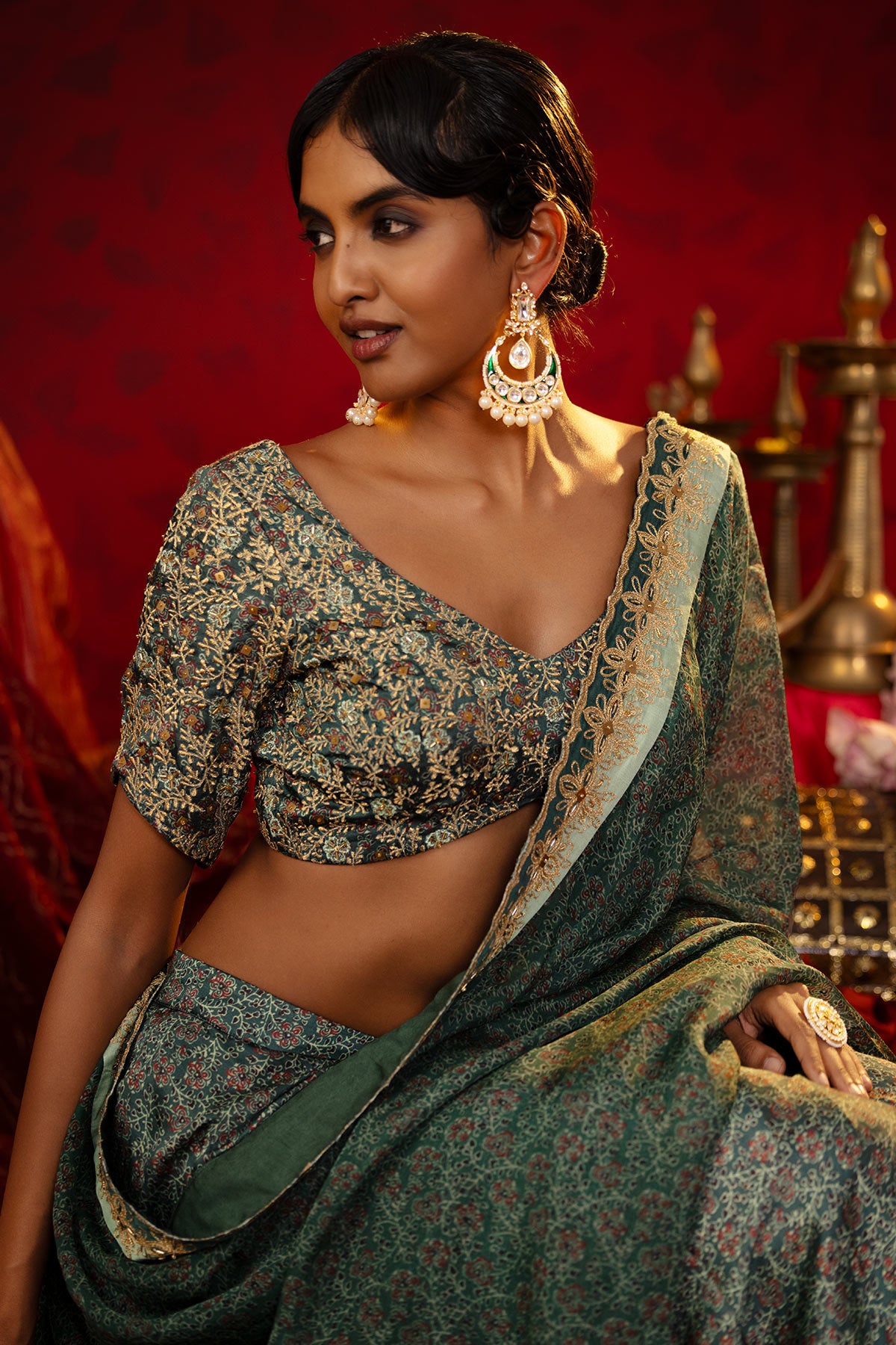 Emerald Green Ajrakh Lehenga Set