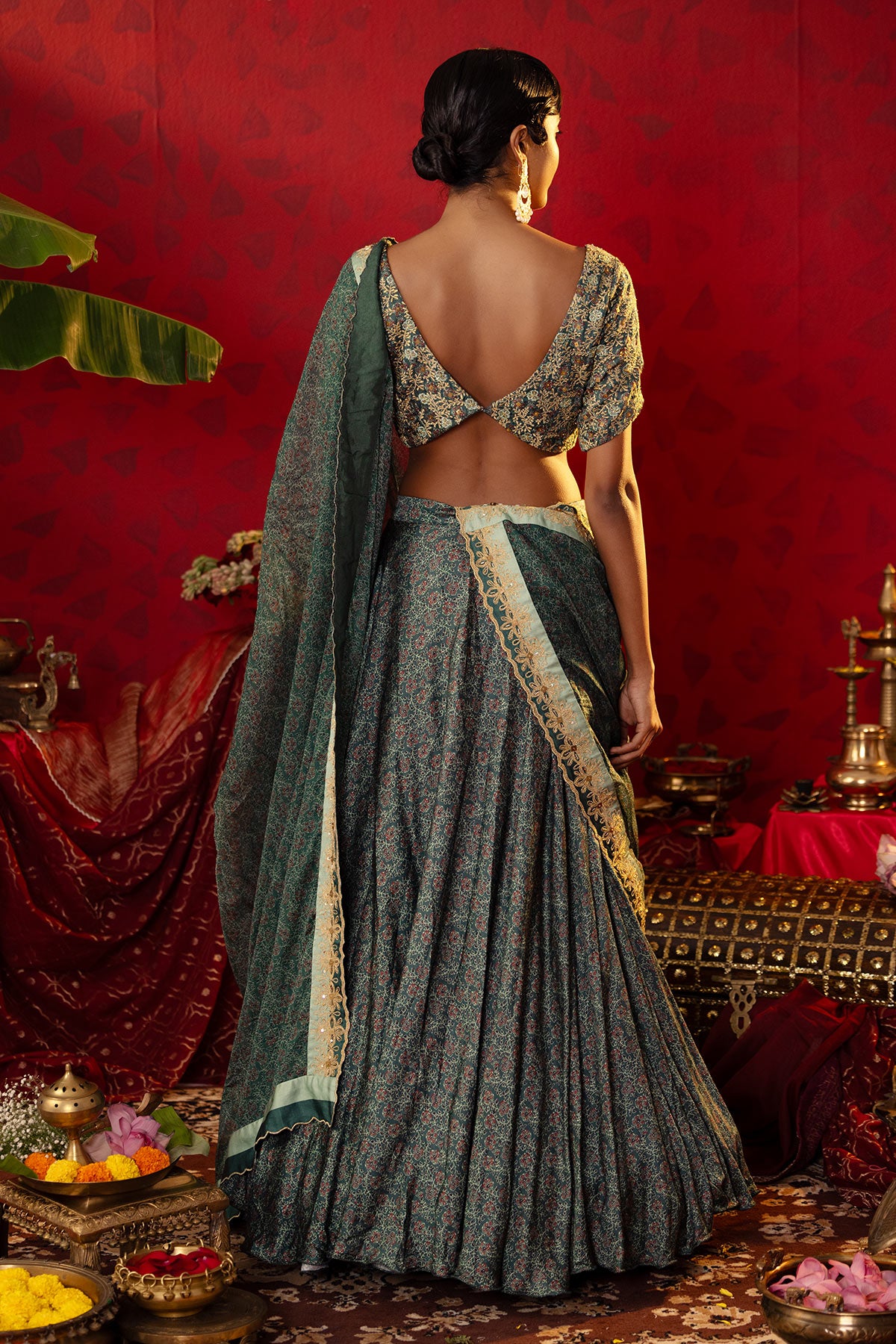 Emerald Green Ajrakh Lehenga Set