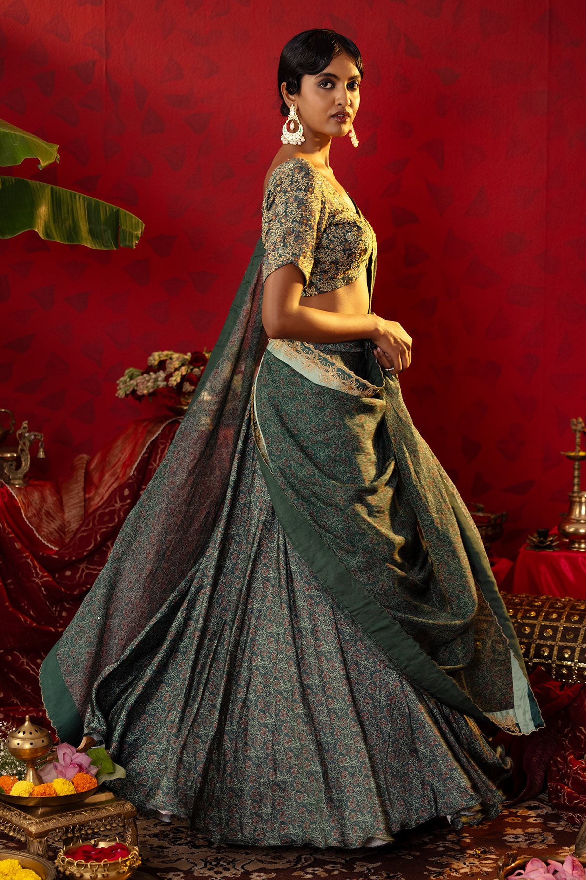 Emerald Green Ajrakh Lehenga Set