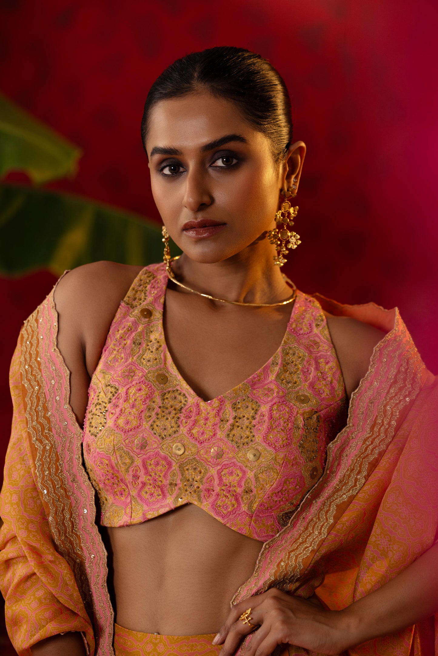 Pink & gold Ajrakh Lehenga Set