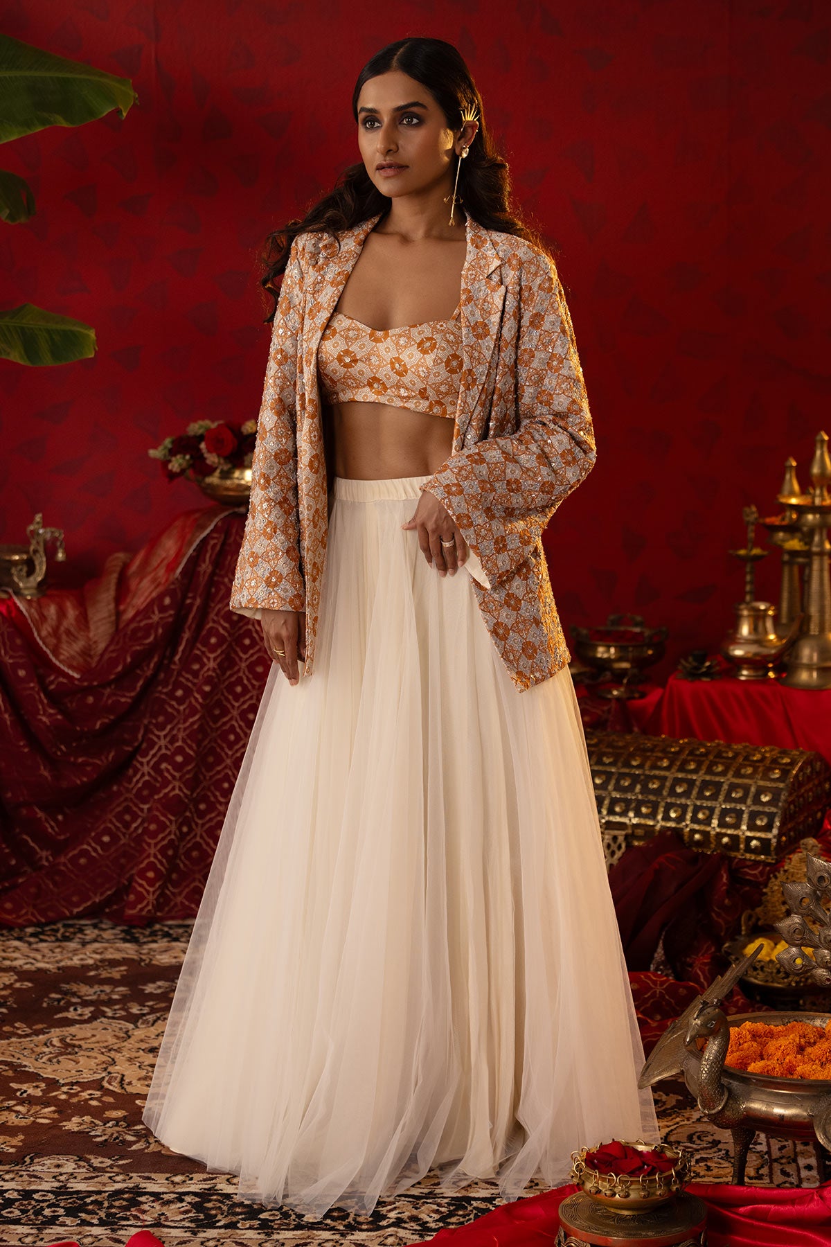 Beige Bejewelled Blazer Set