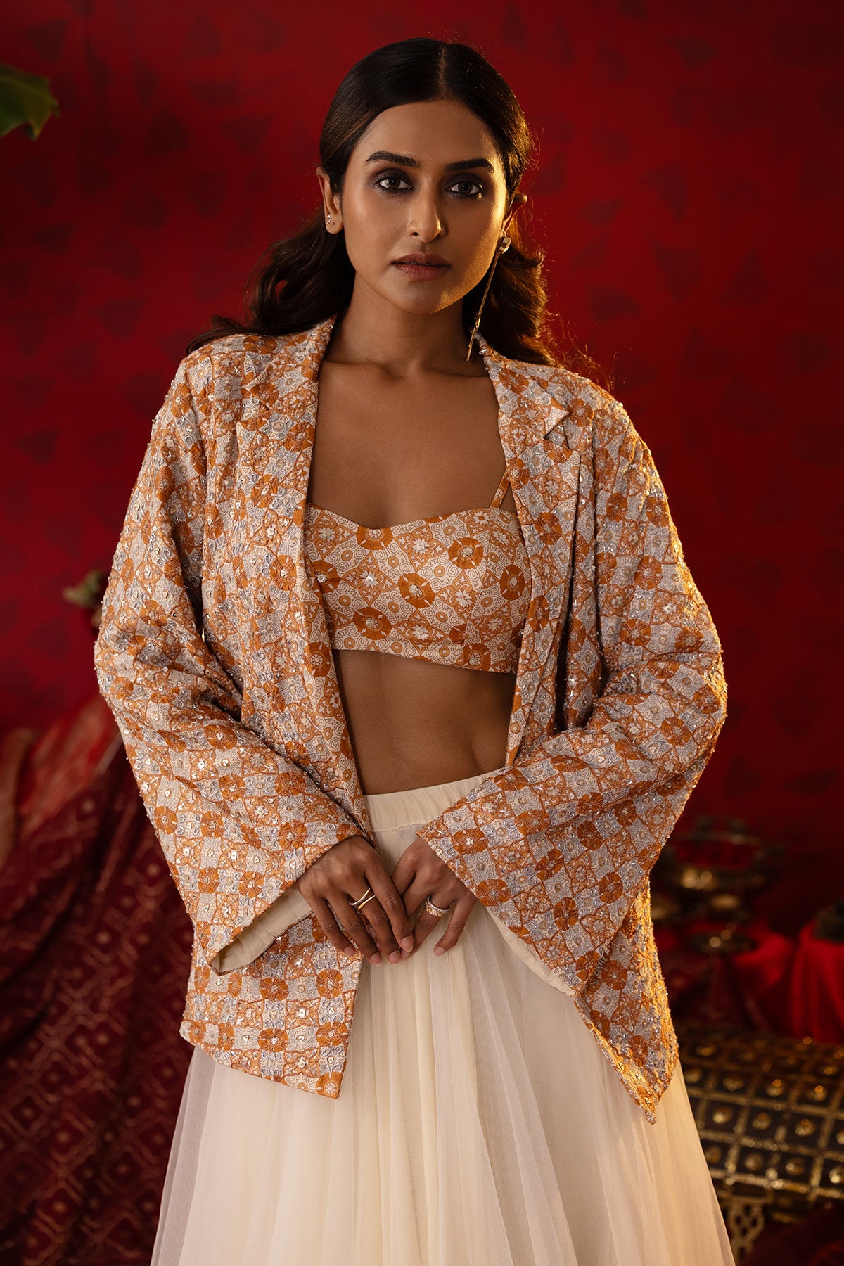 Beige Bejewelled Blazer Set