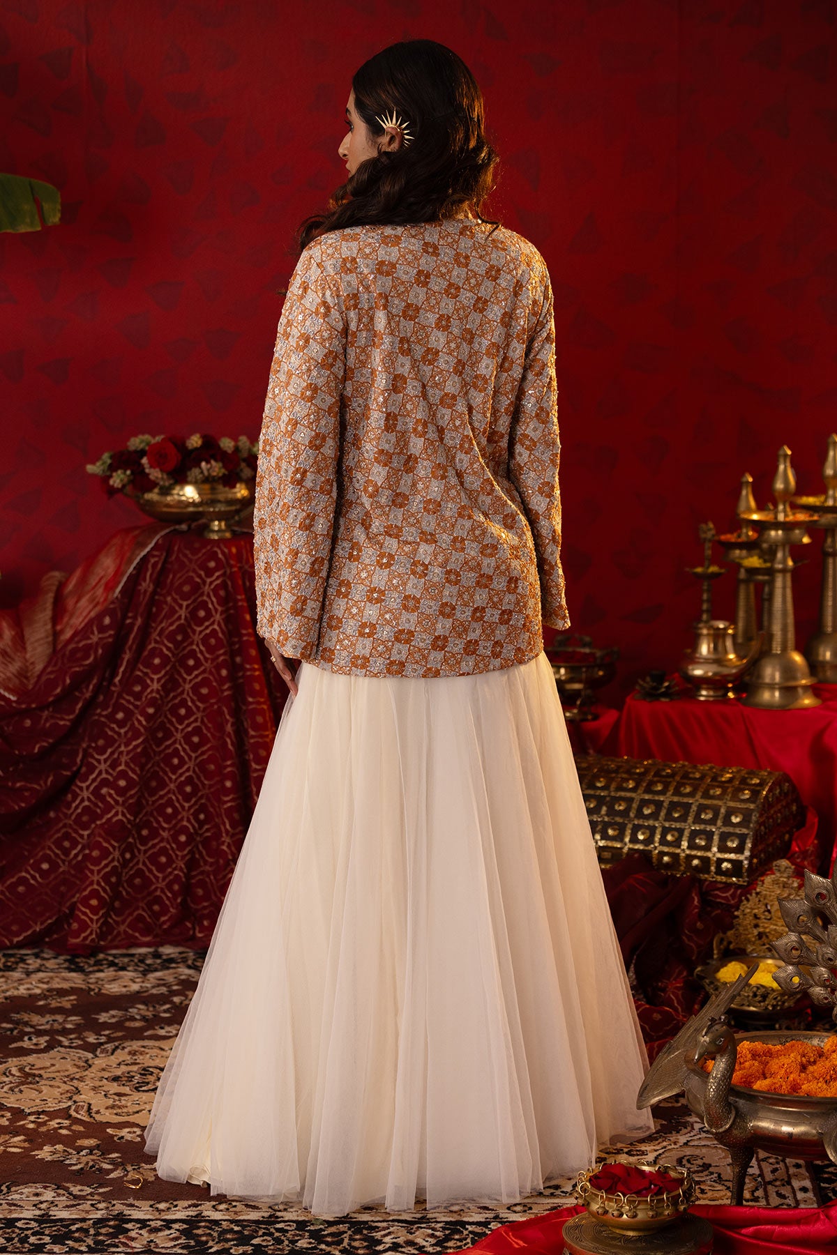Beige Bejewelled Blazer Set