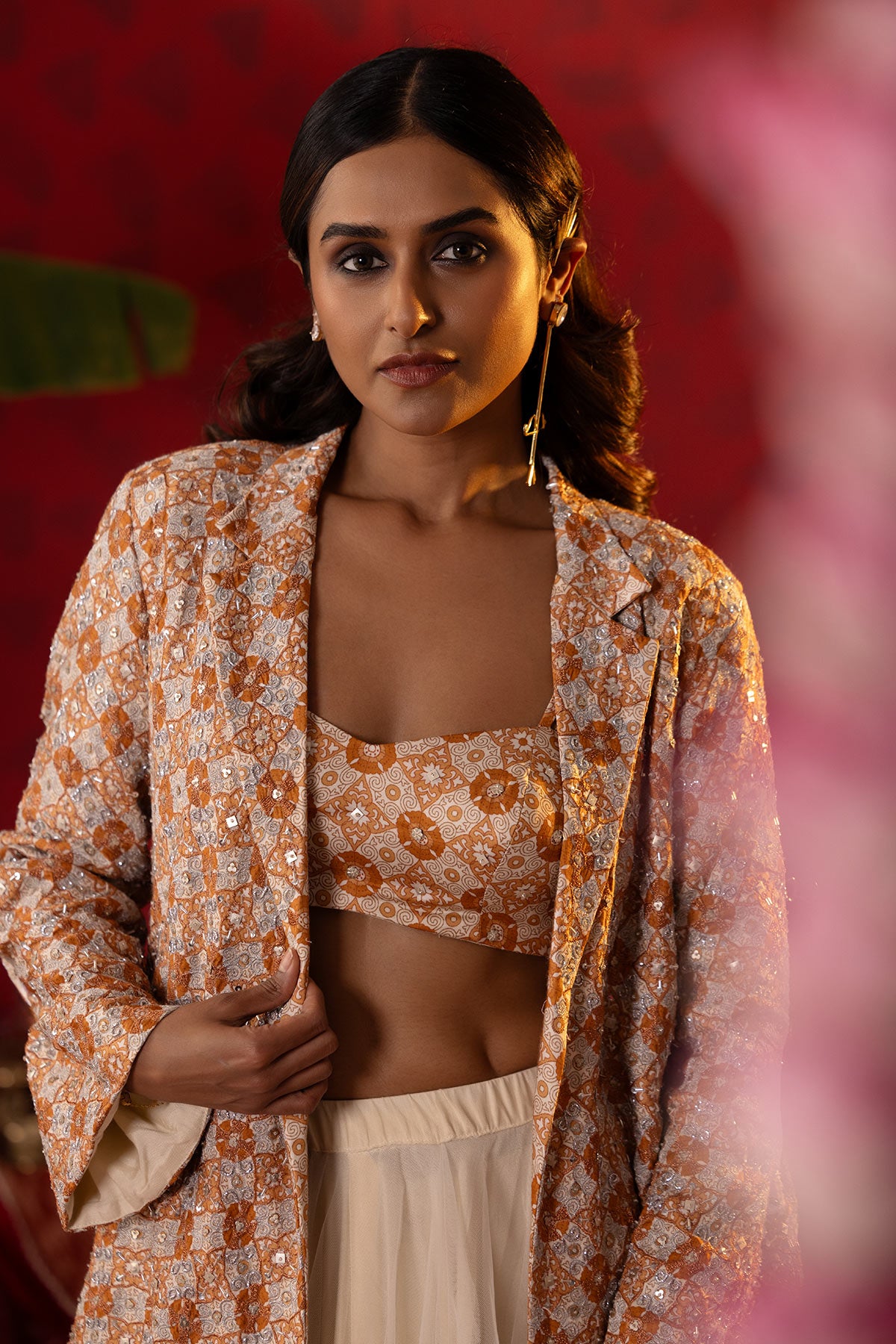 Beige Bejewelled Blazer Set