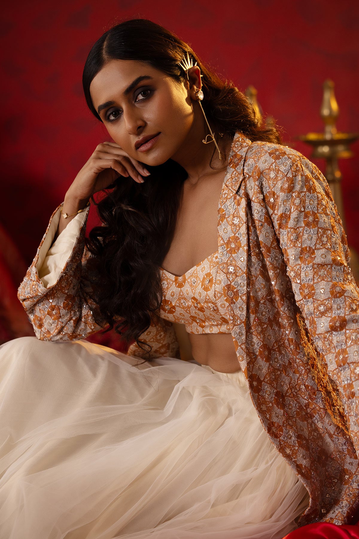 Beige Bejewelled Blazer Set