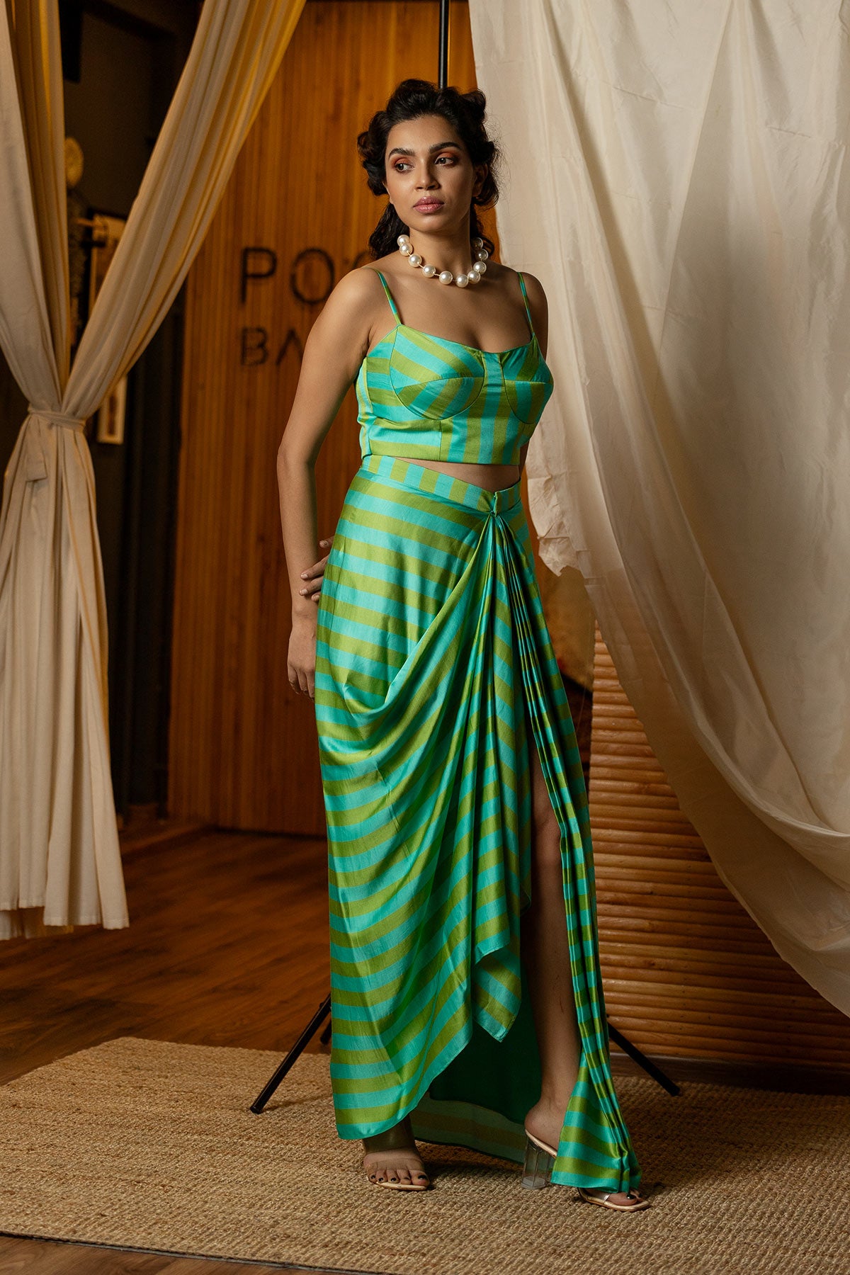 Blue & Green  Striped Fusion Corset Set