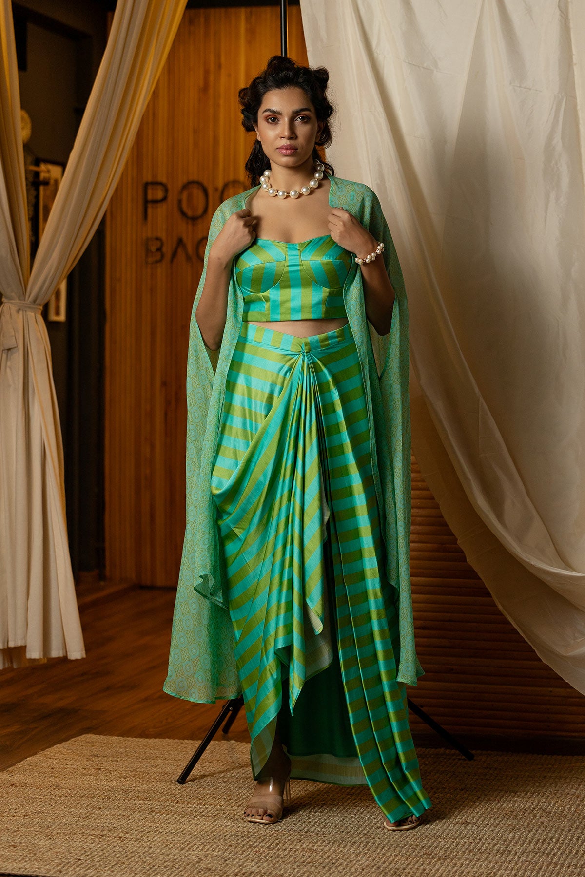 Blue & Green  Striped Fusion Corset Set