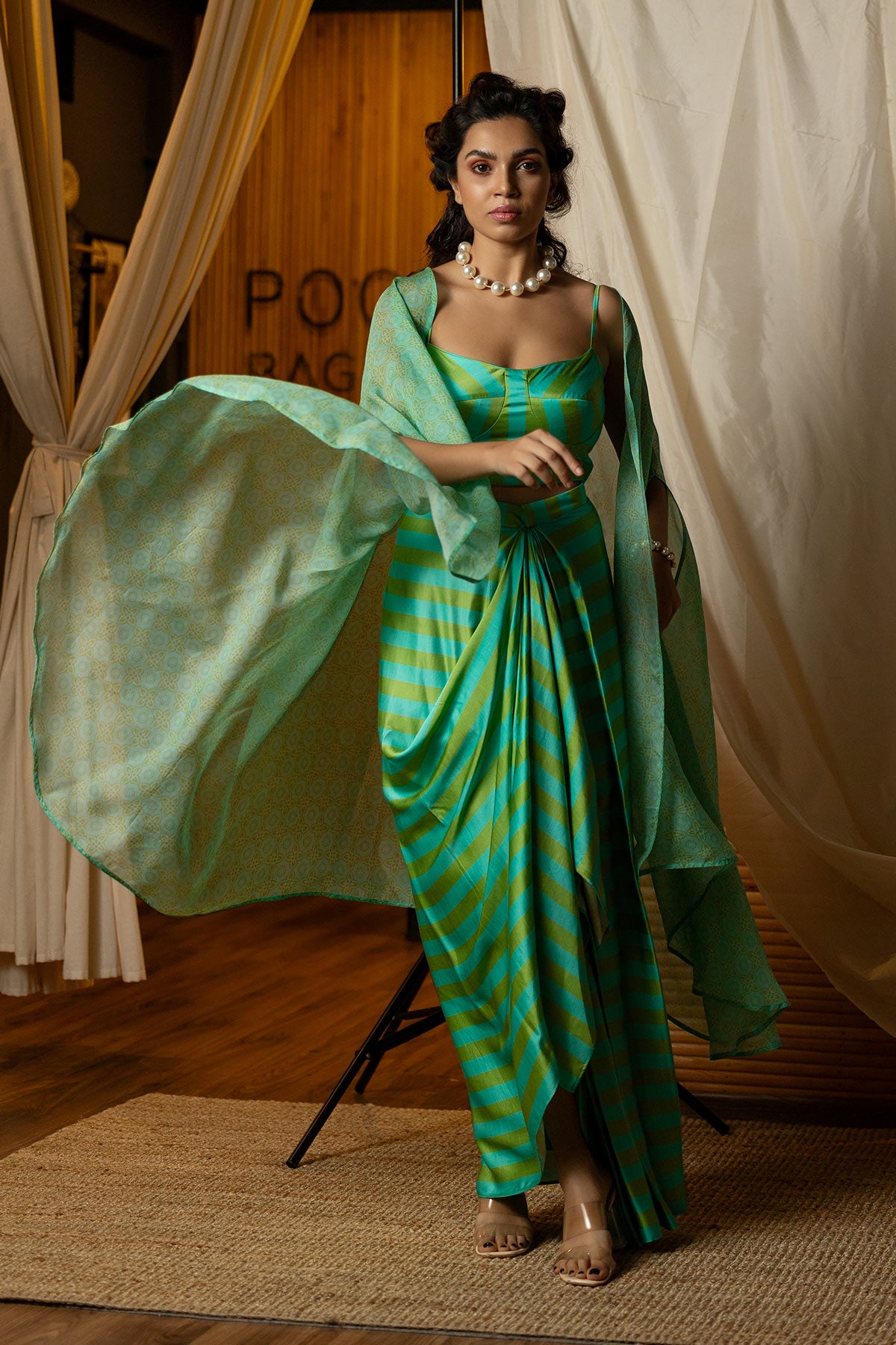 Blue & Green  Striped Fusion Corset Set
