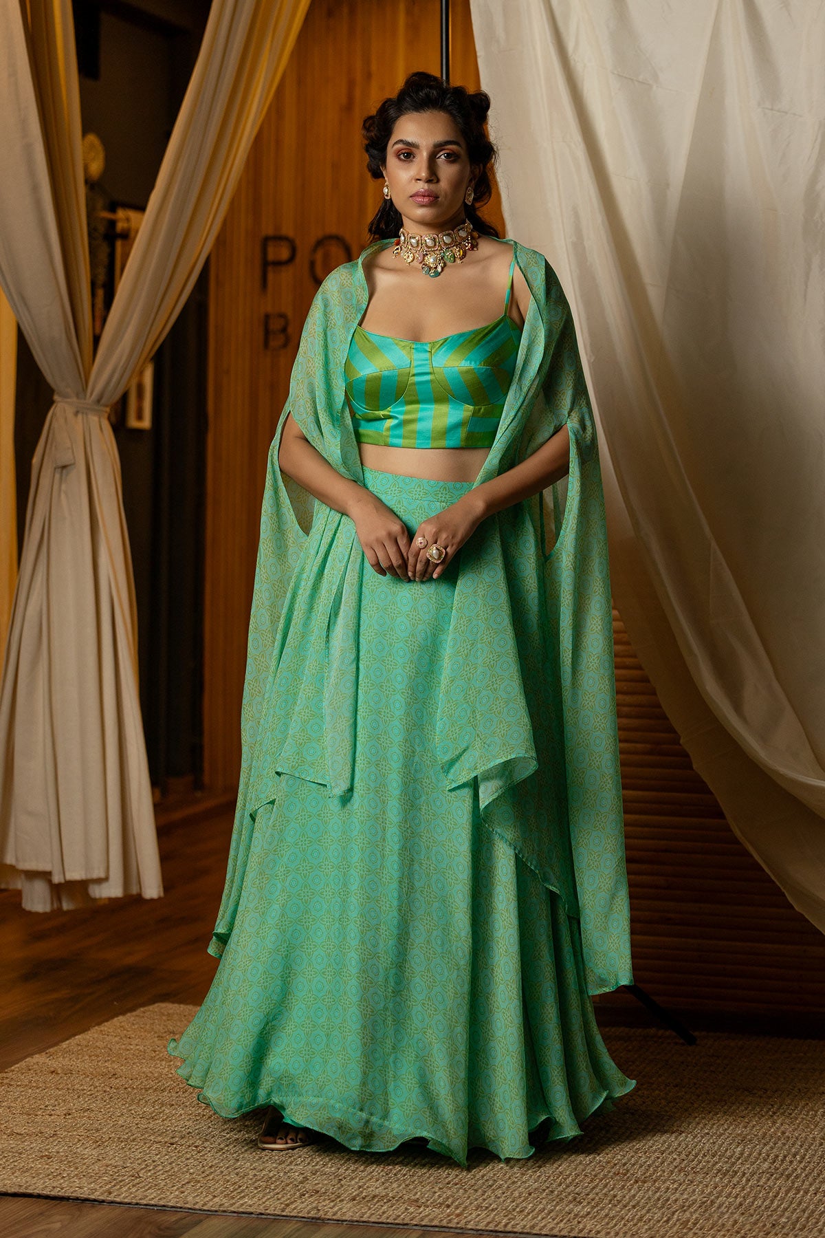 Blue & green Ajrakh Printed Lehenga Set