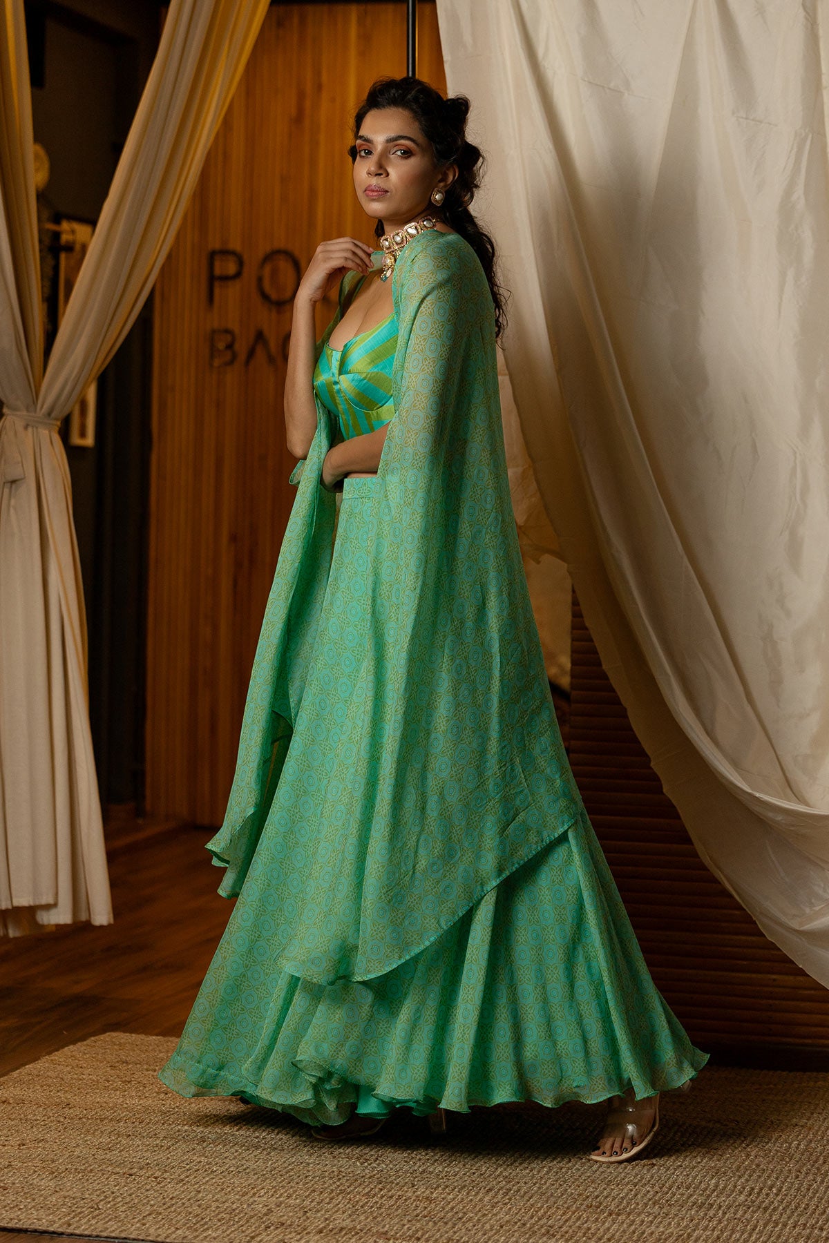 Blue & green Ajrakh Printed Lehenga Set