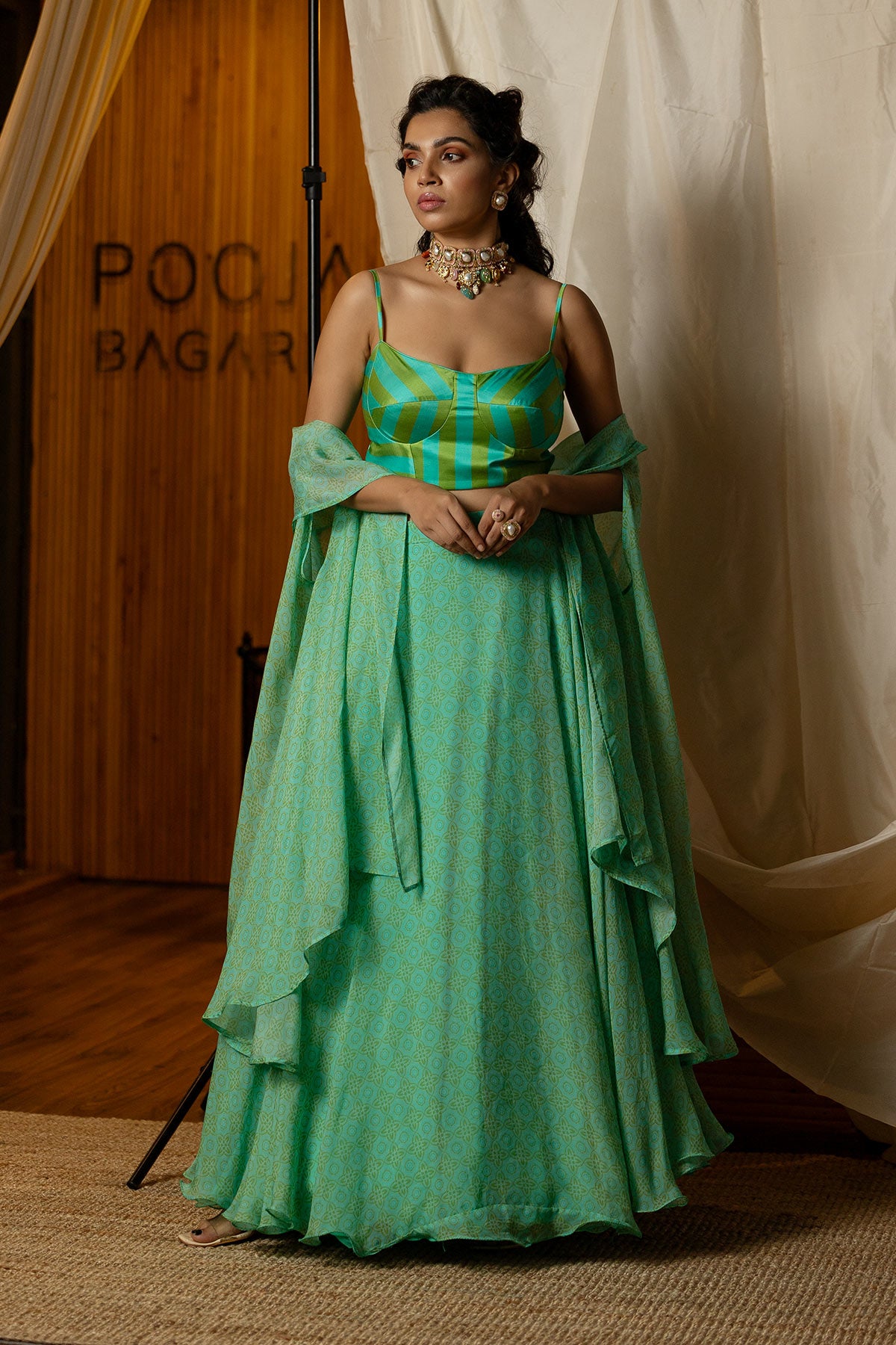 Blue & green Ajrakh Printed Lehenga Set