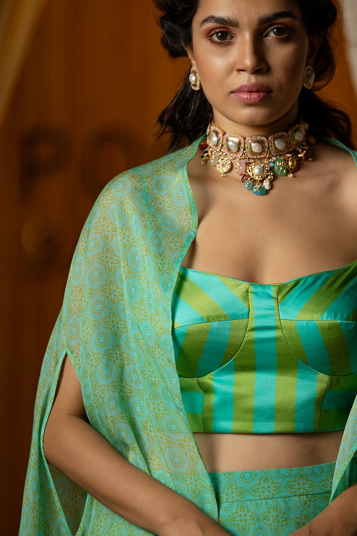 Blue & green Ajrakh Printed Lehenga Set