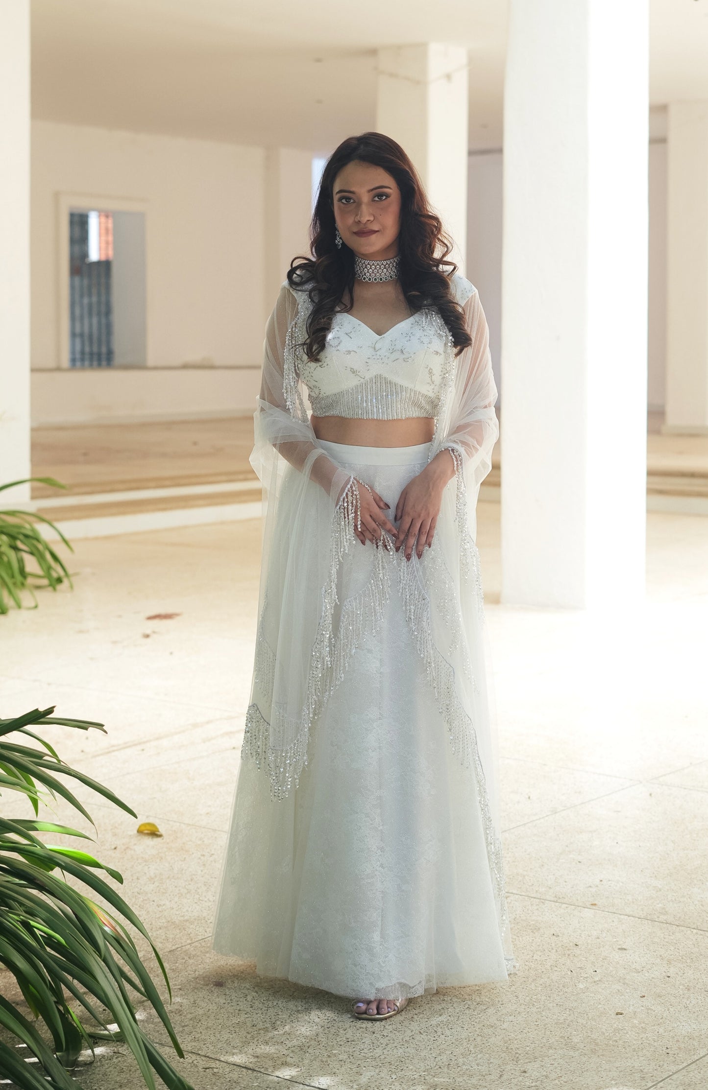 White Glitter Chantilly Lehenga