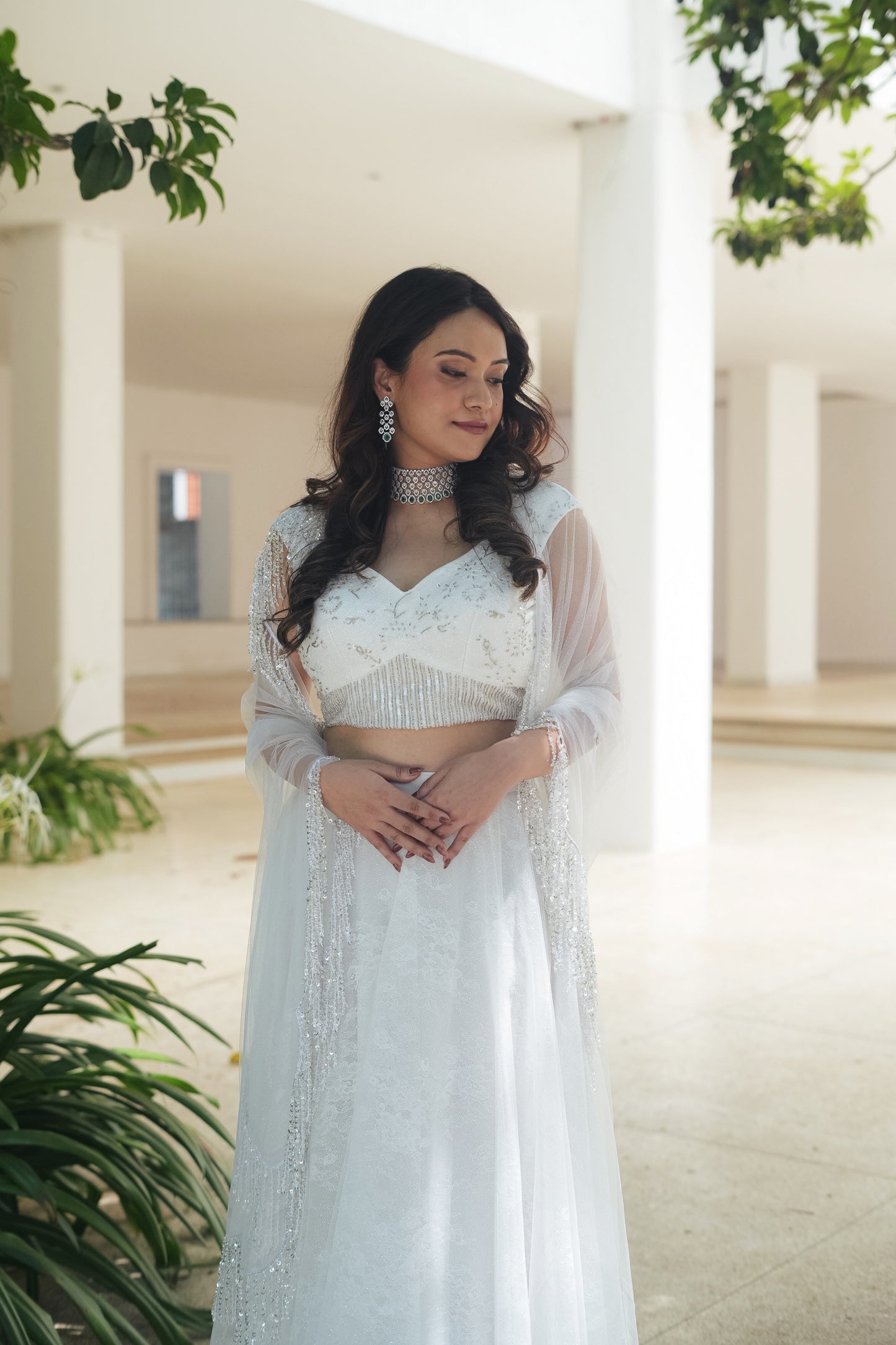White Glitter Chantilly Lehenga