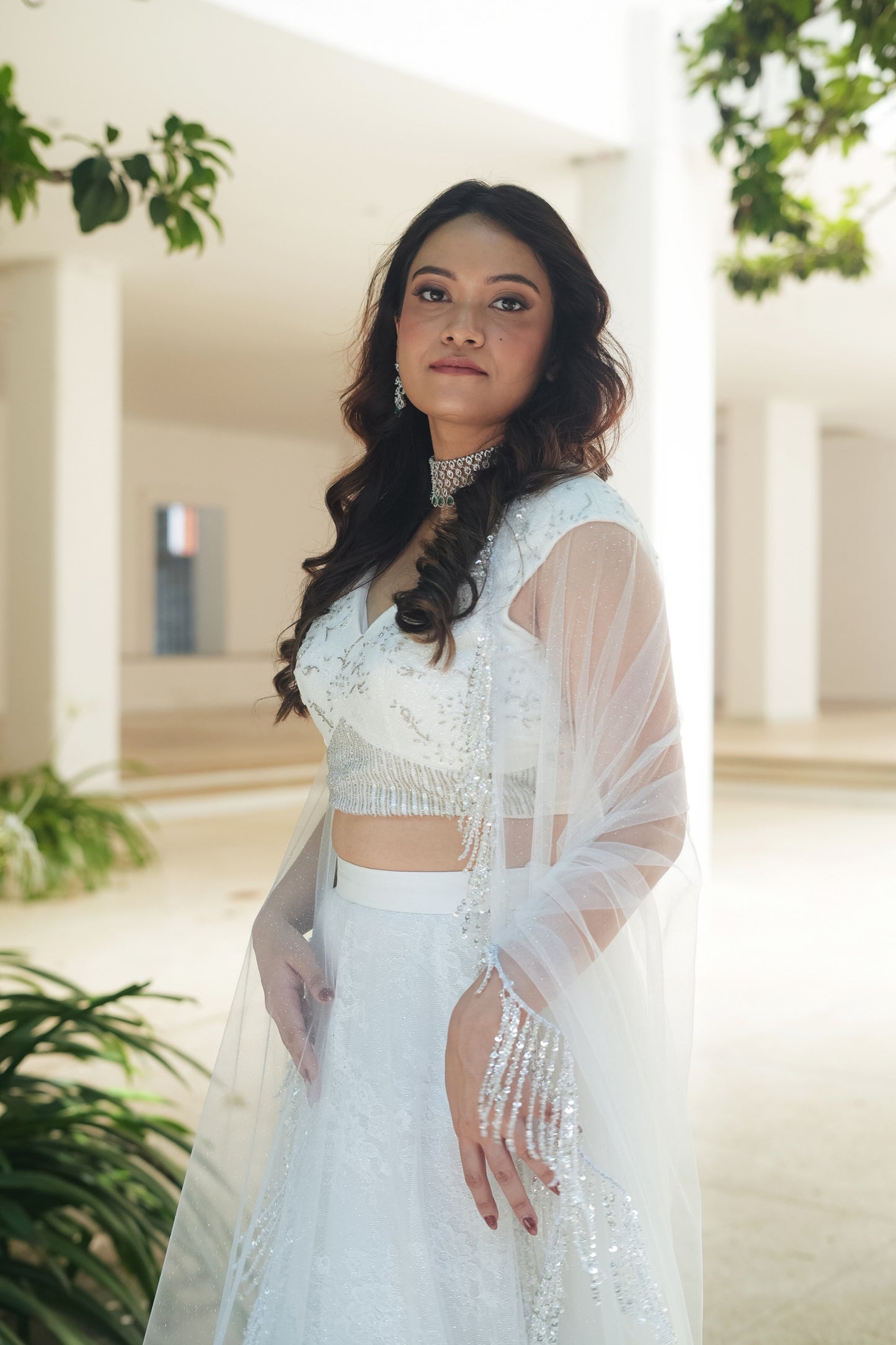White Glitter Chantilly Lehenga