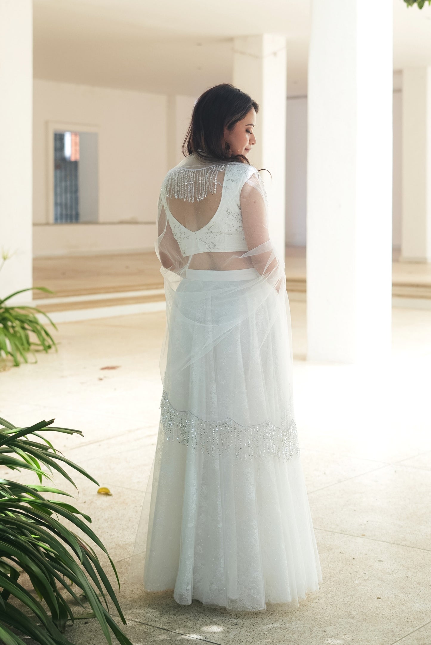 White Glitter Chantilly Lehenga