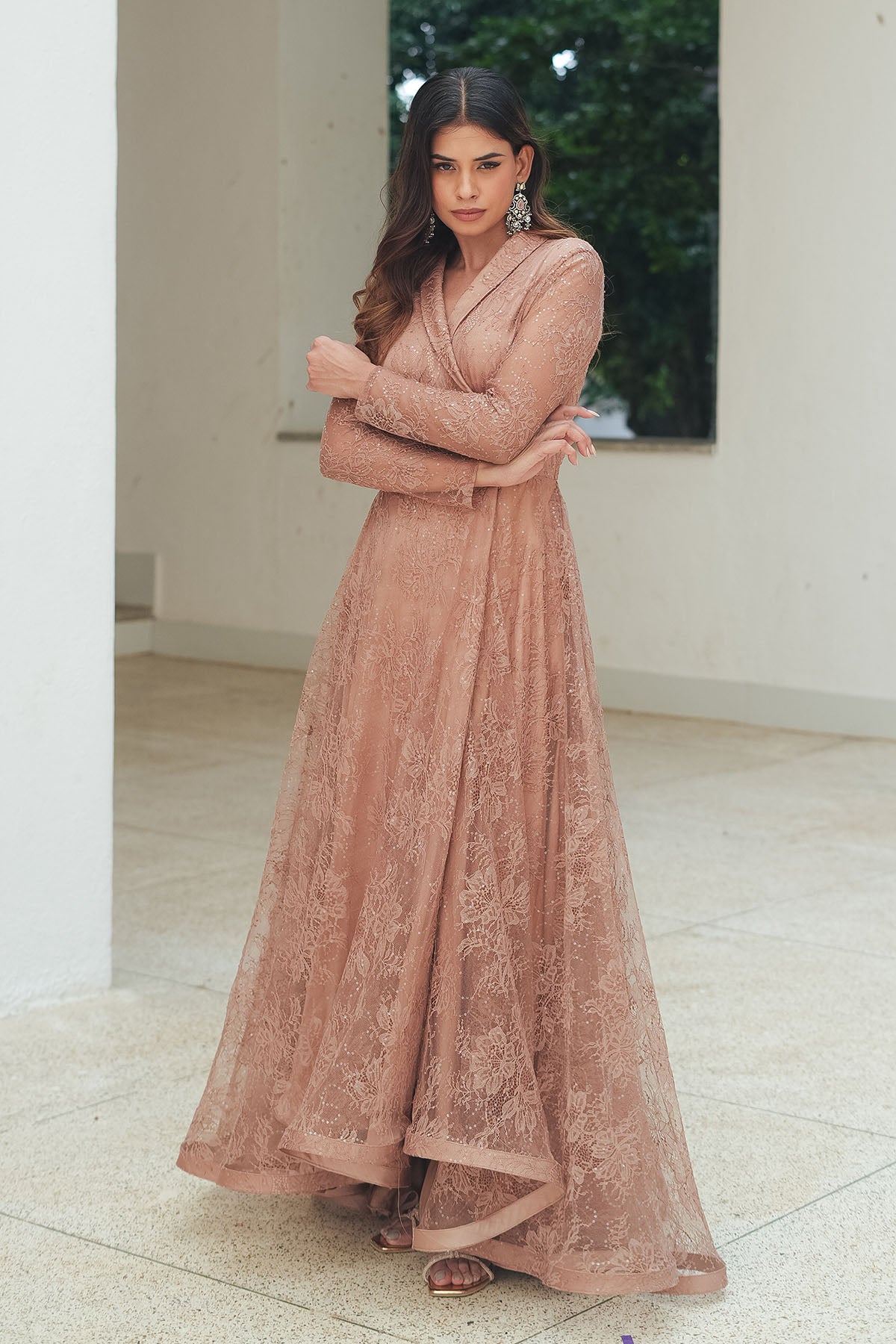 Nude Sequin Chantilly Lapel Cocktail Gown