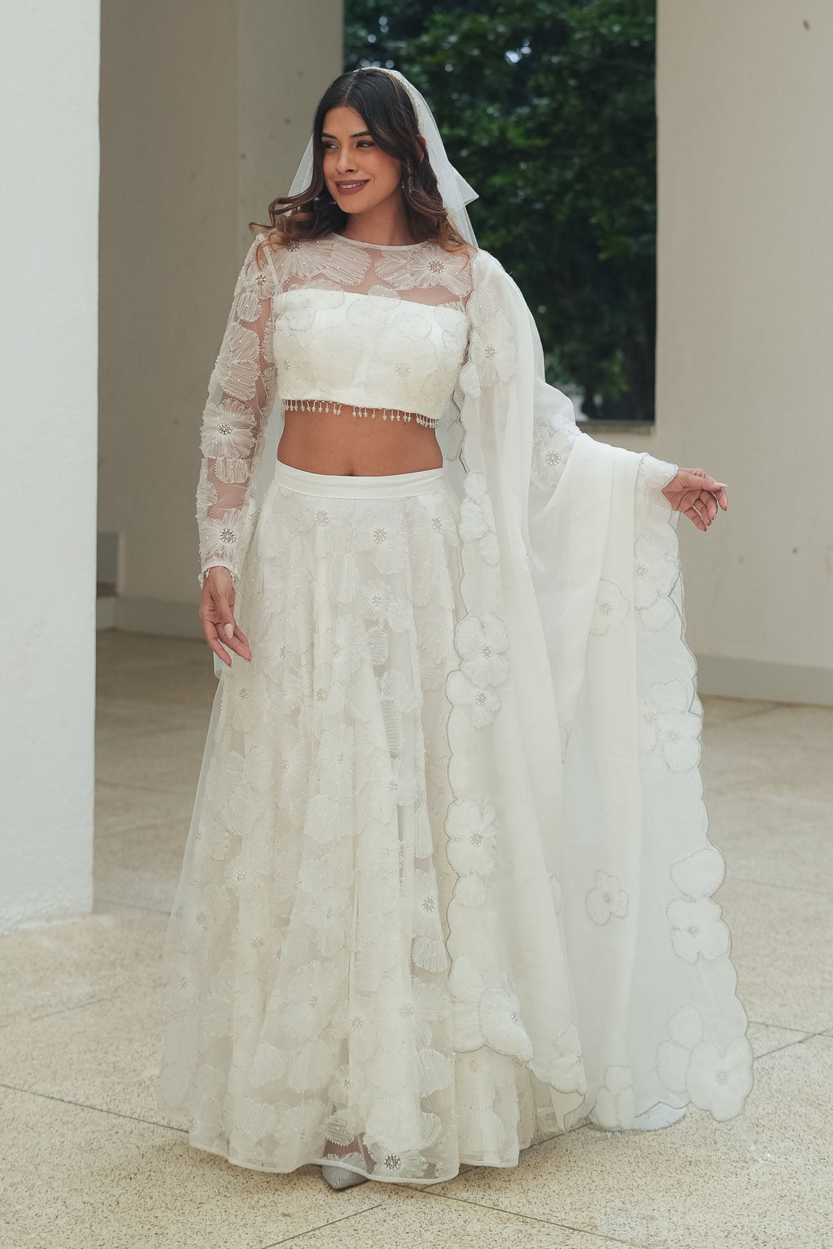White Flower Bloom Glitter Lehenga Set