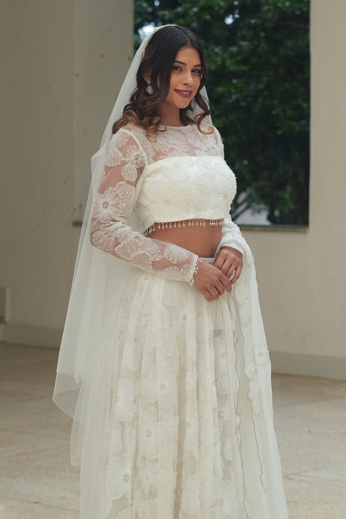 White Flower Bloom Glitter Lehenga Set