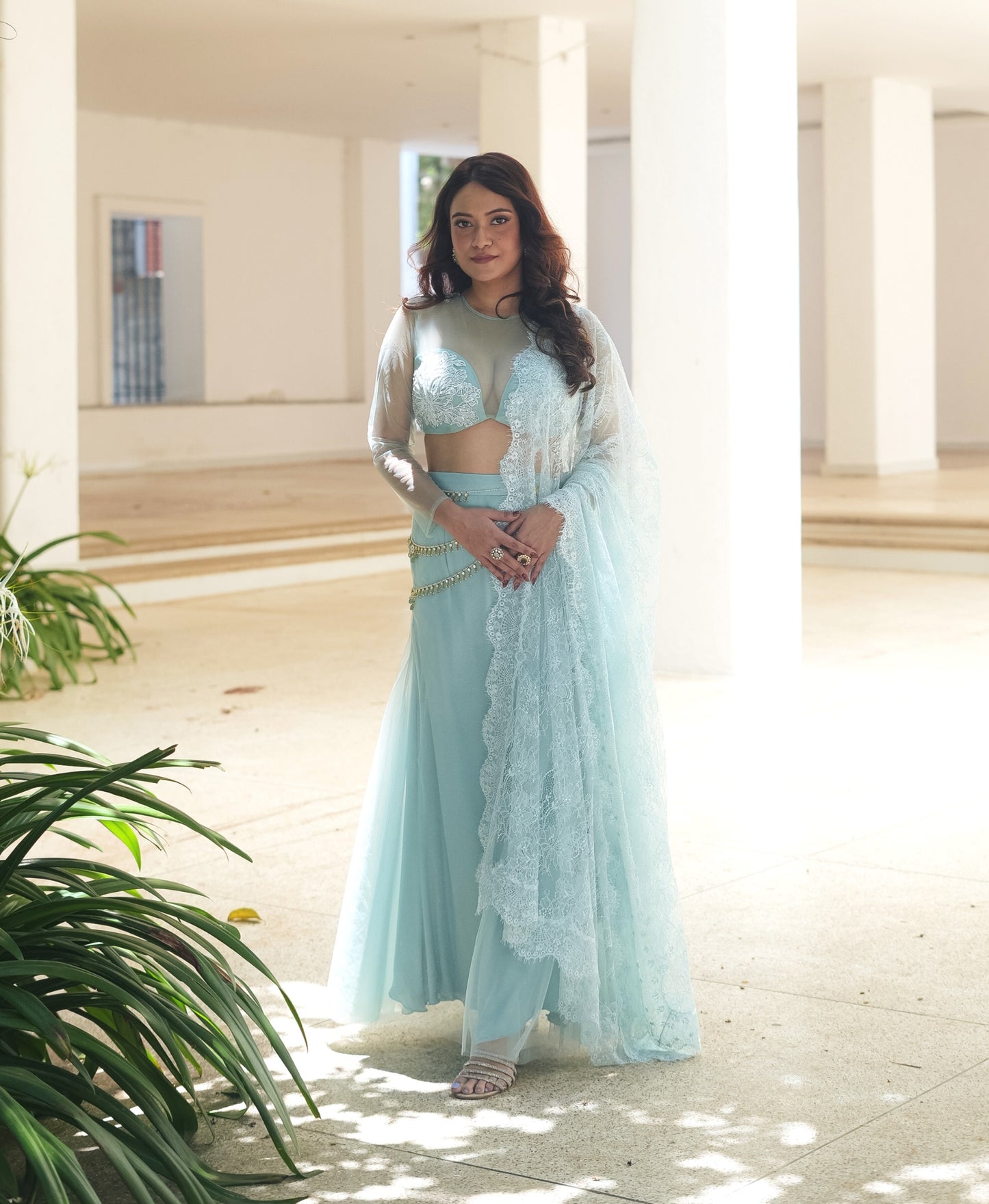 Powder Blue Chantily Sequin Lehenga Saree