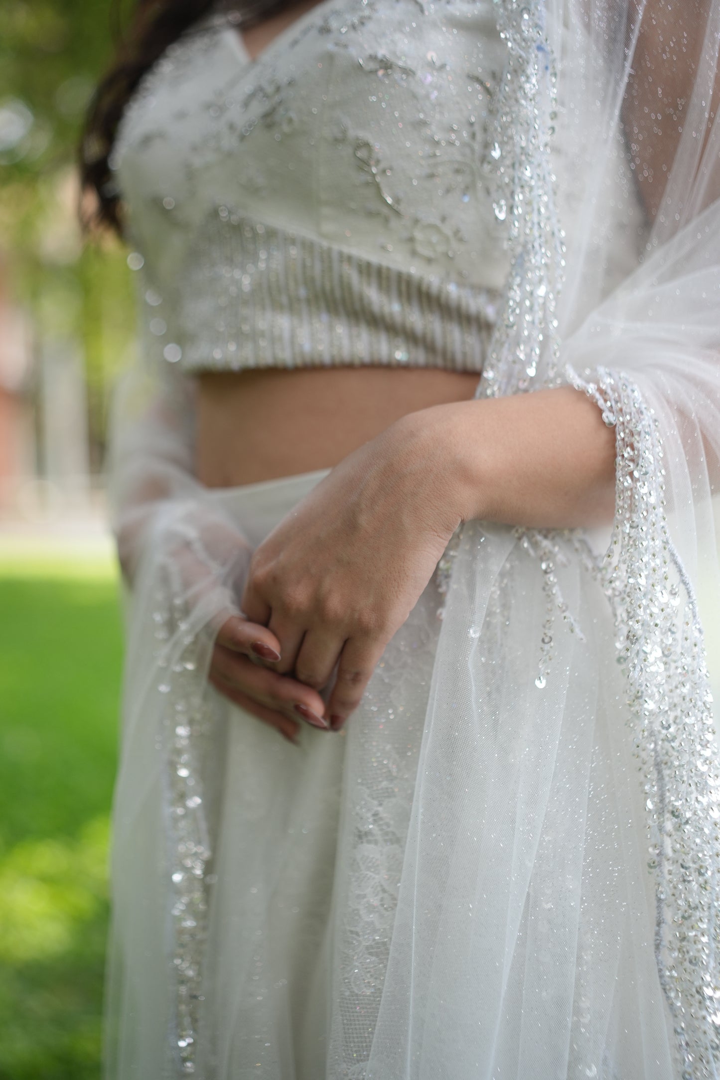 White Glitter Chantilly Lehenga