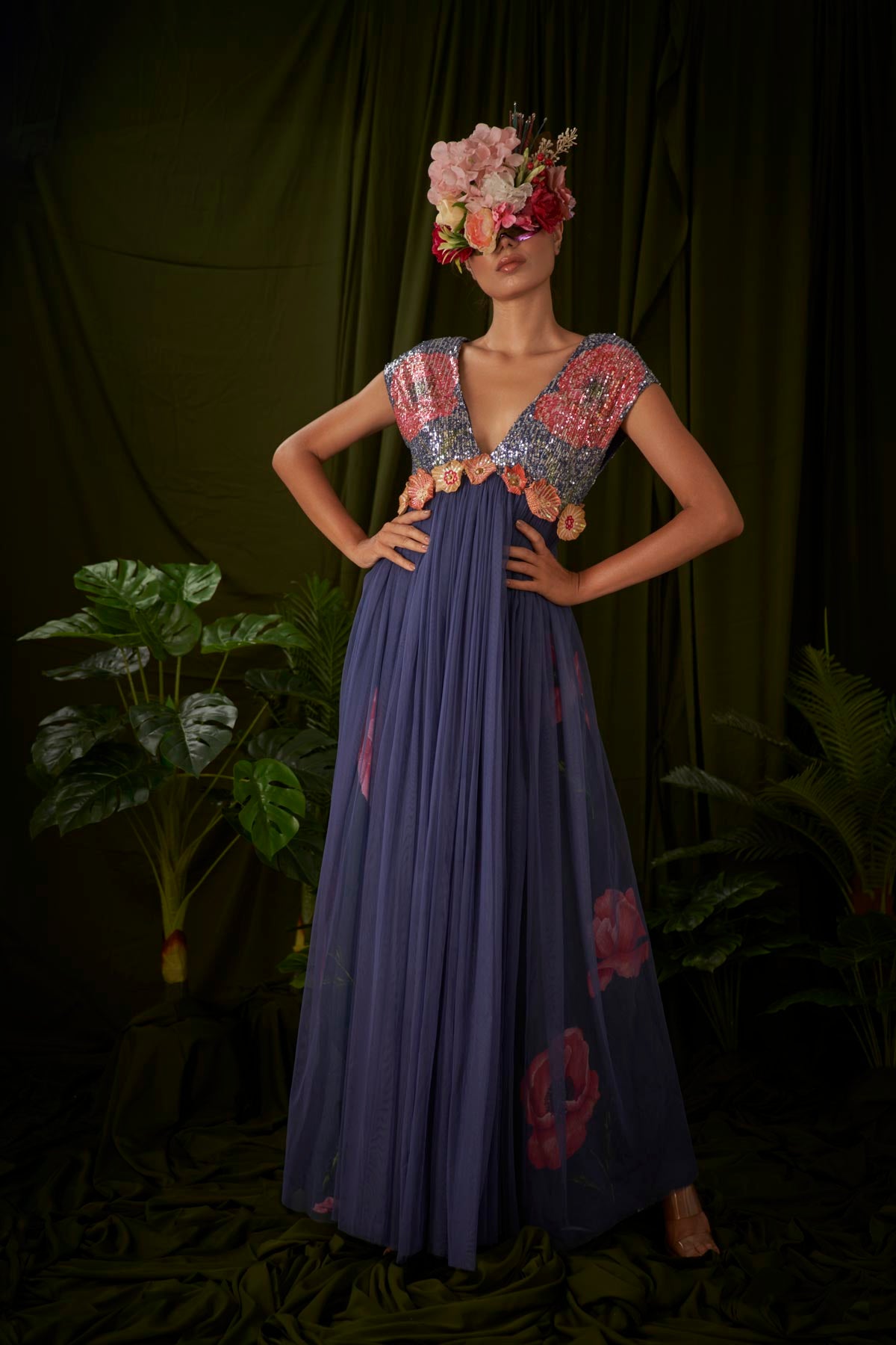 Windflower Printed Tulle gown with sequin bodice