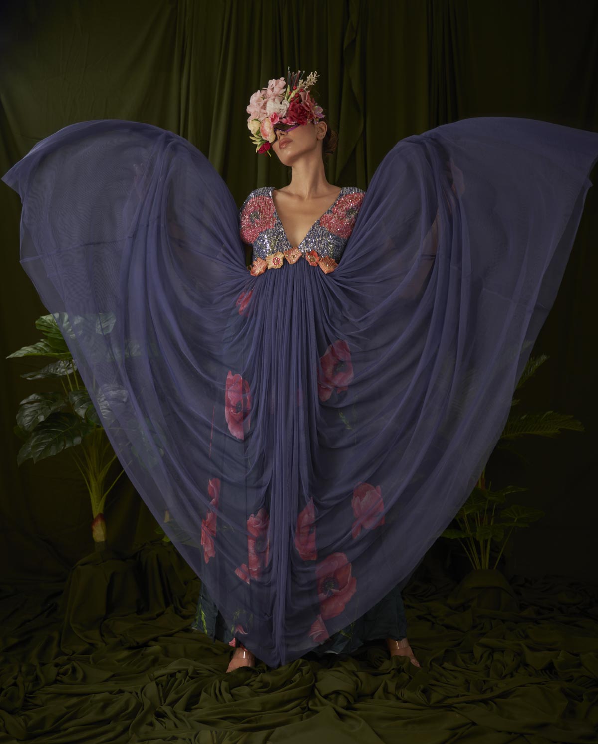 Windflower Printed Tulle gown with sequin bodice