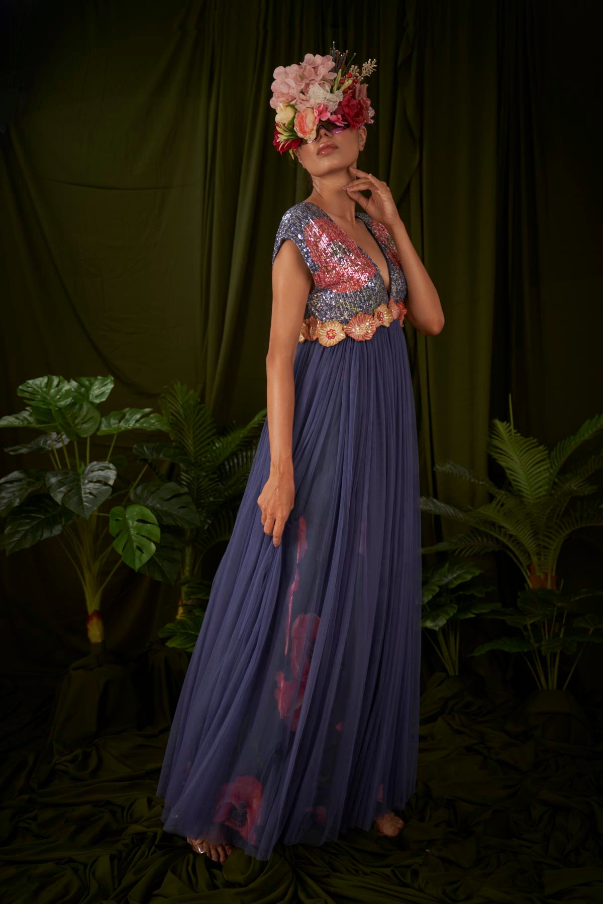 Windflower Printed Tulle gown with sequin bodice