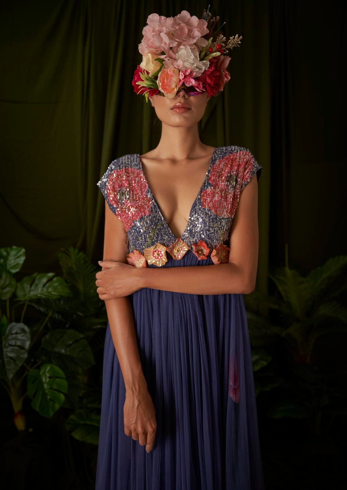 Windflower Printed Tulle gown with sequin bodice