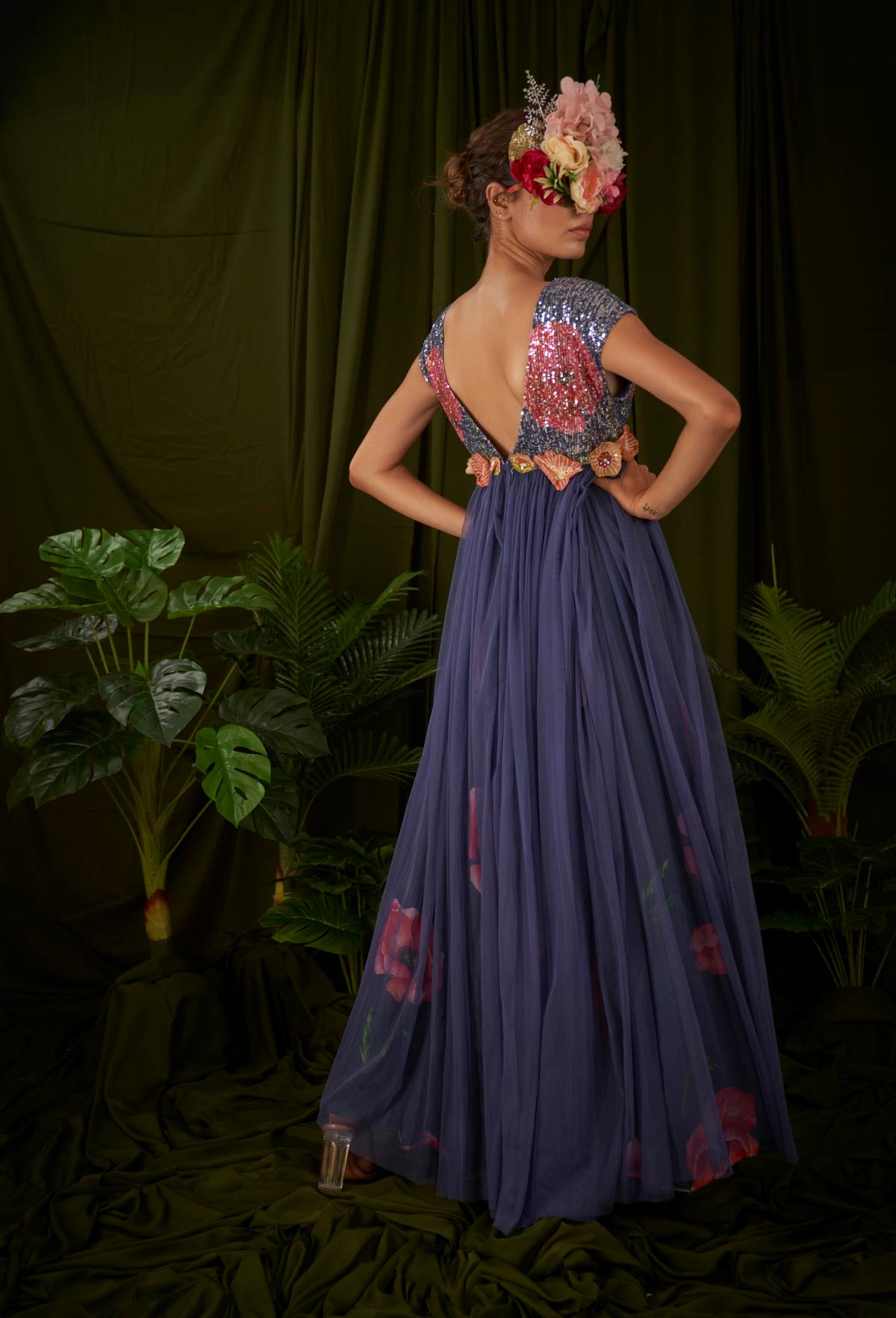 Windflower Printed Tulle gown with sequin bodice