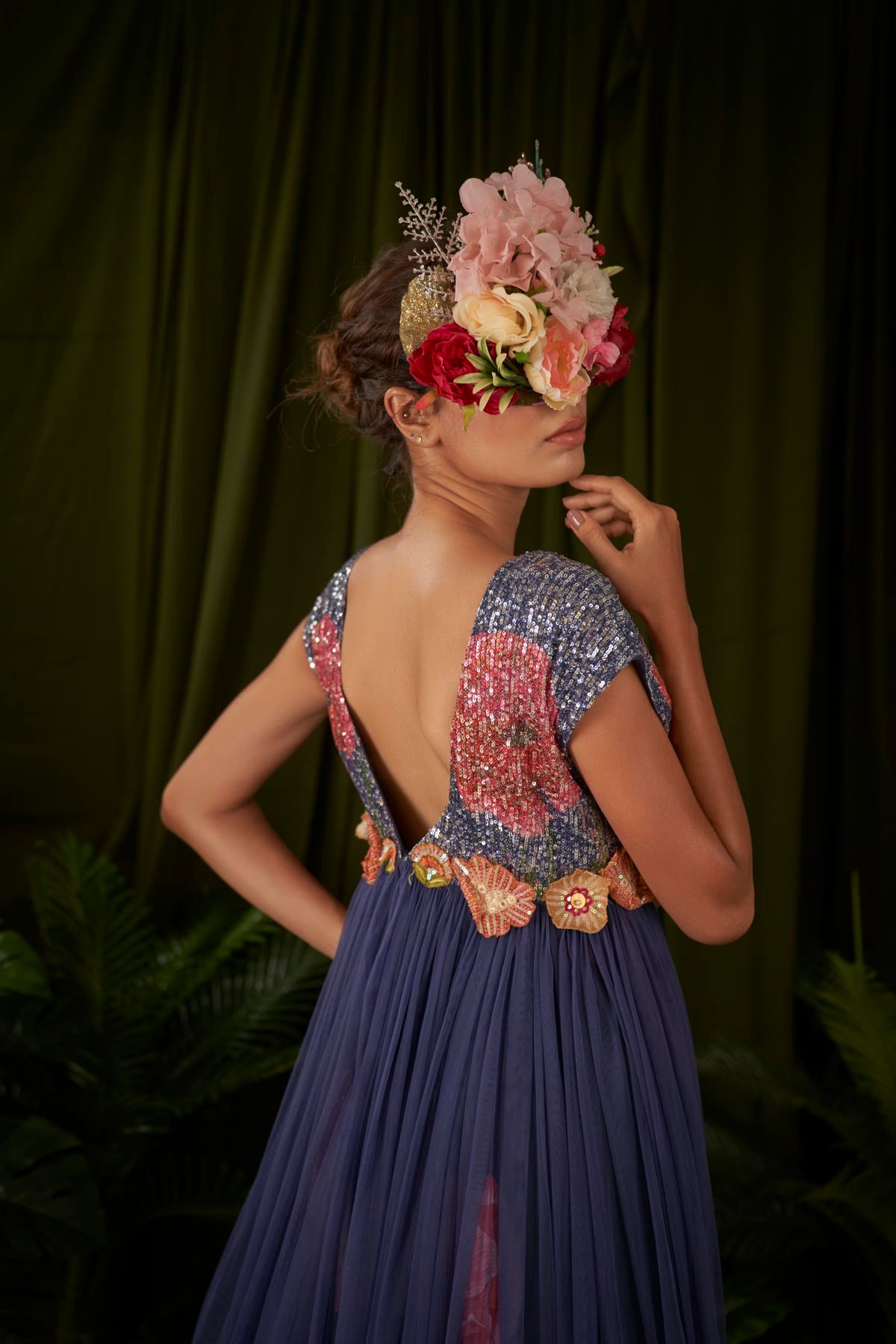 Windflower Printed Tulle gown with sequin bodice