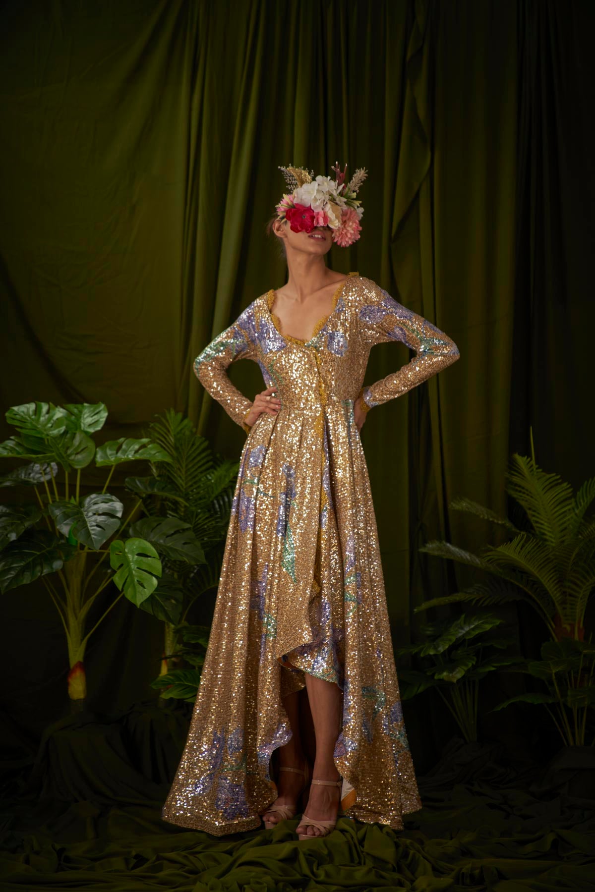 Wild Saffron printed Sequin fusion Evening gown.