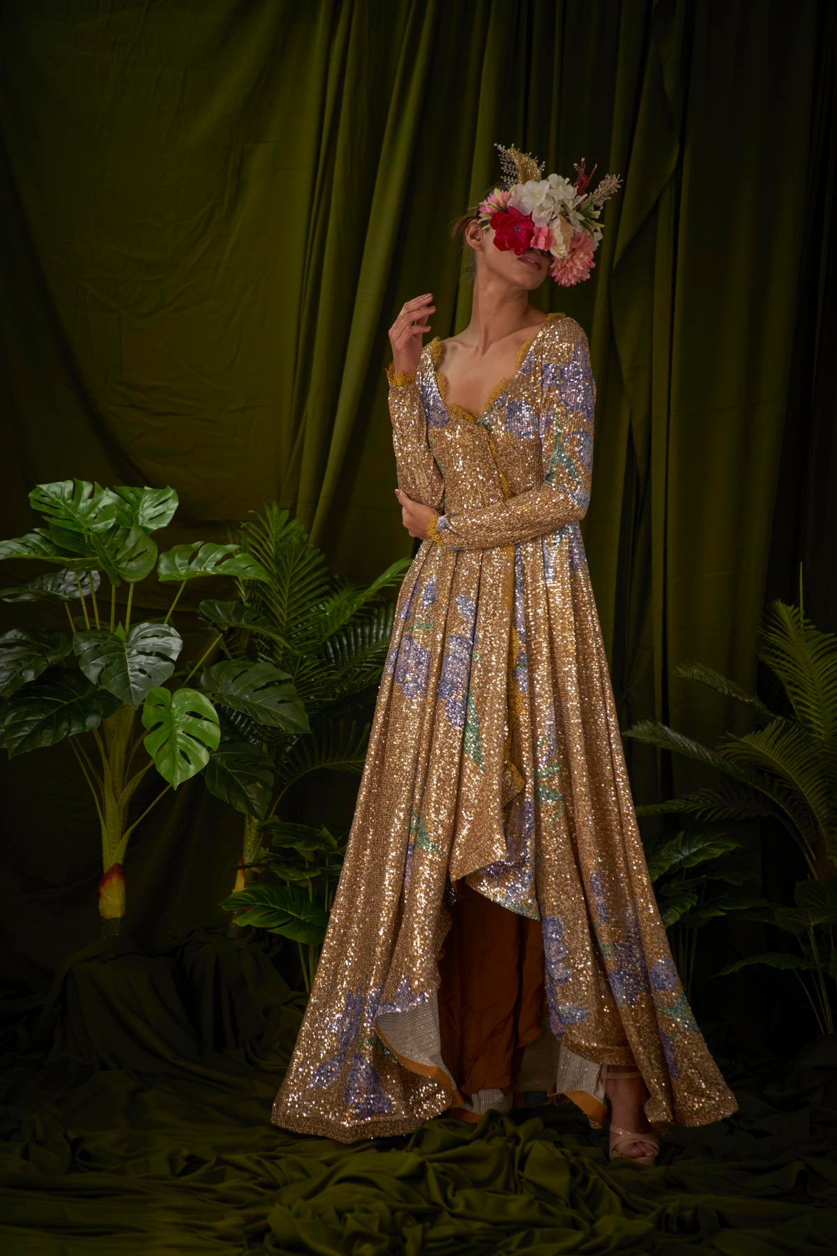 Wild Saffron printed Sequin fusion Evening gown.