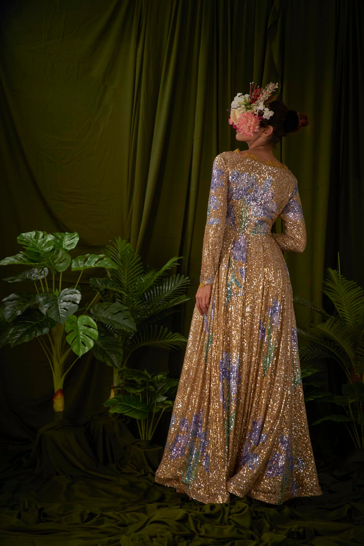 Wild Saffron printed Sequin fusion Evening gown.