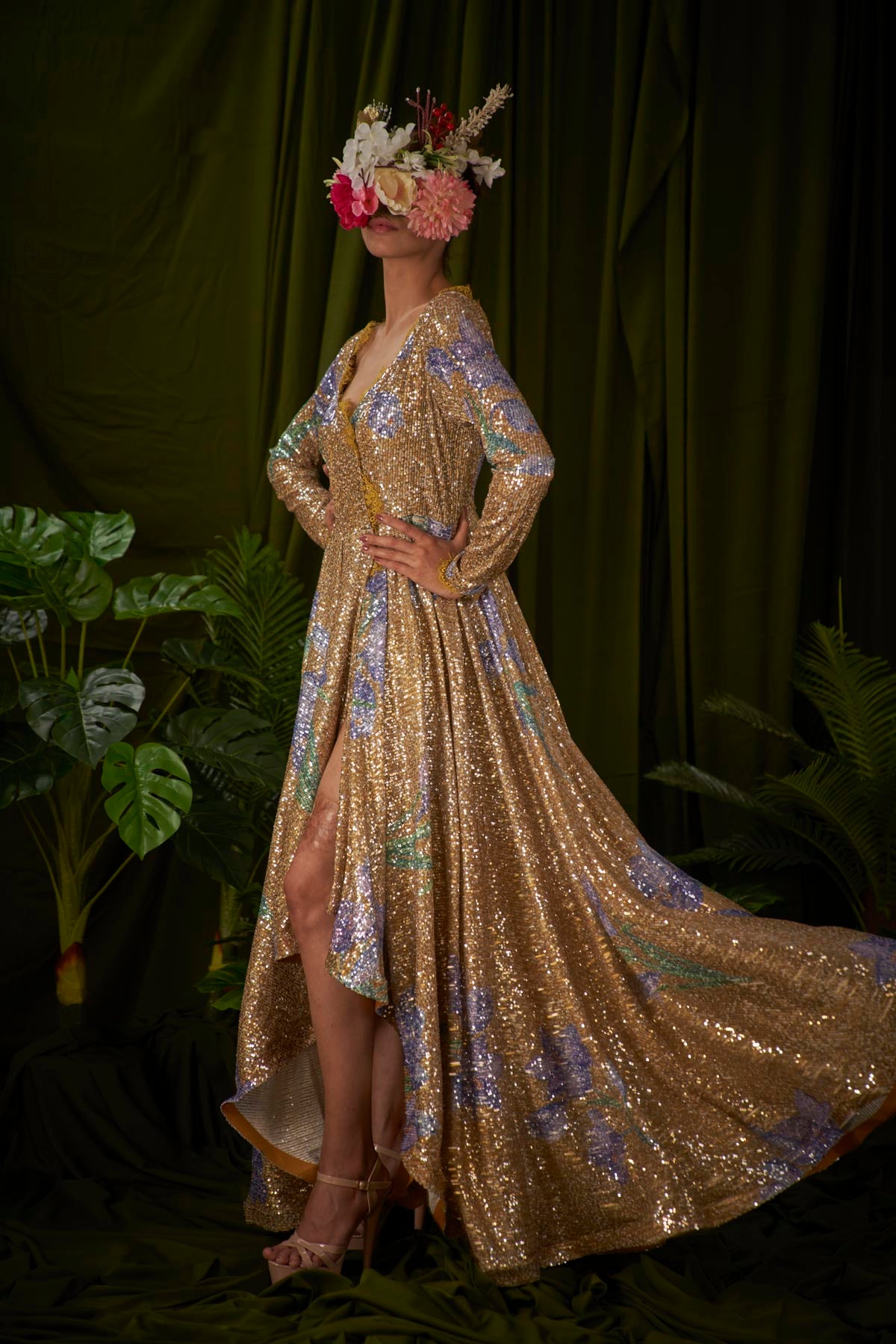 Wild Saffron printed Sequin fusion Evening gown.