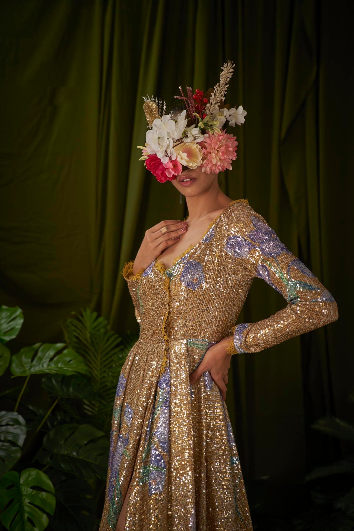 Wild Saffron printed Sequin fusion Evening gown.
