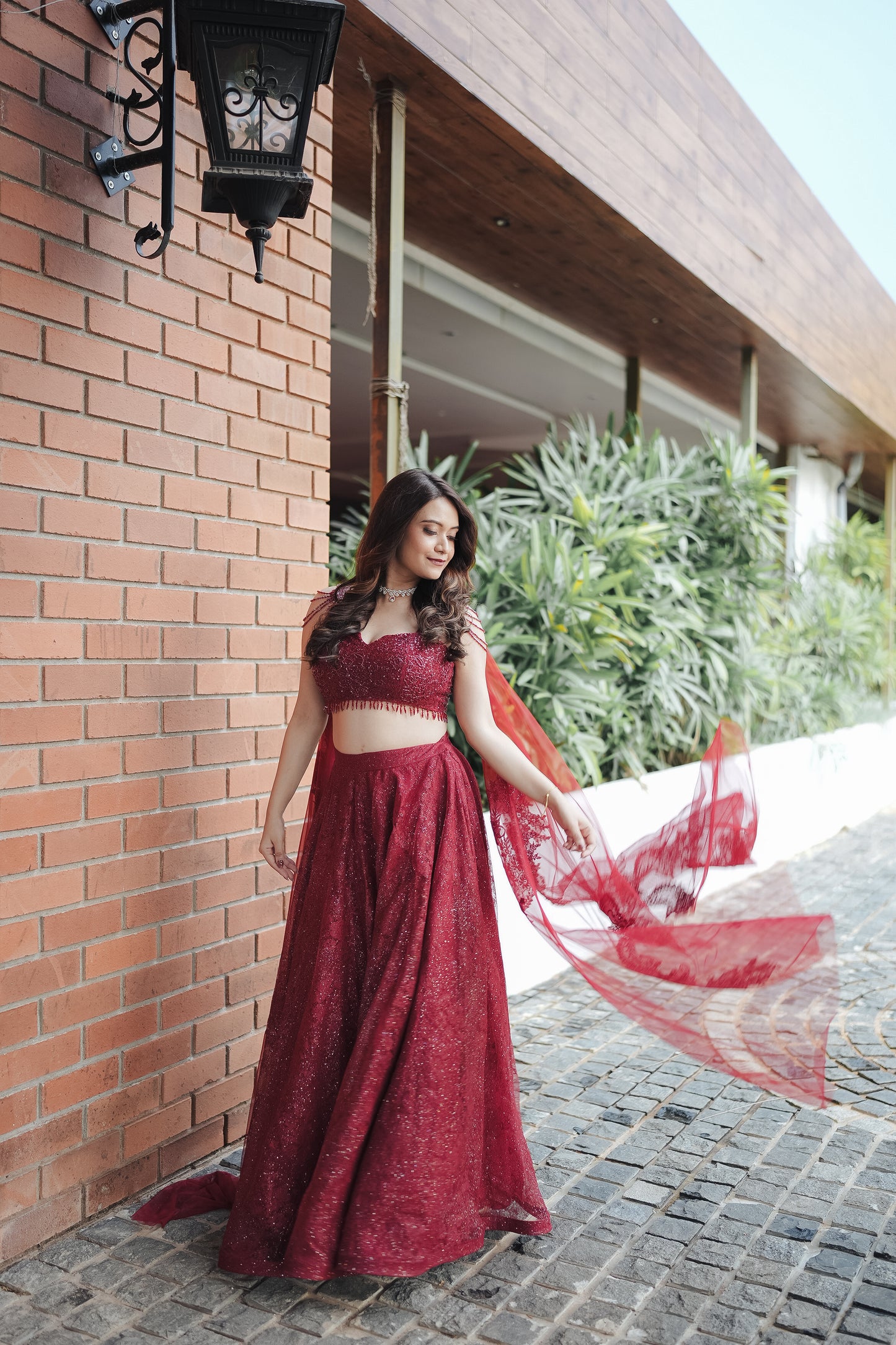 Maroon Chantilly Crystal Lehenga