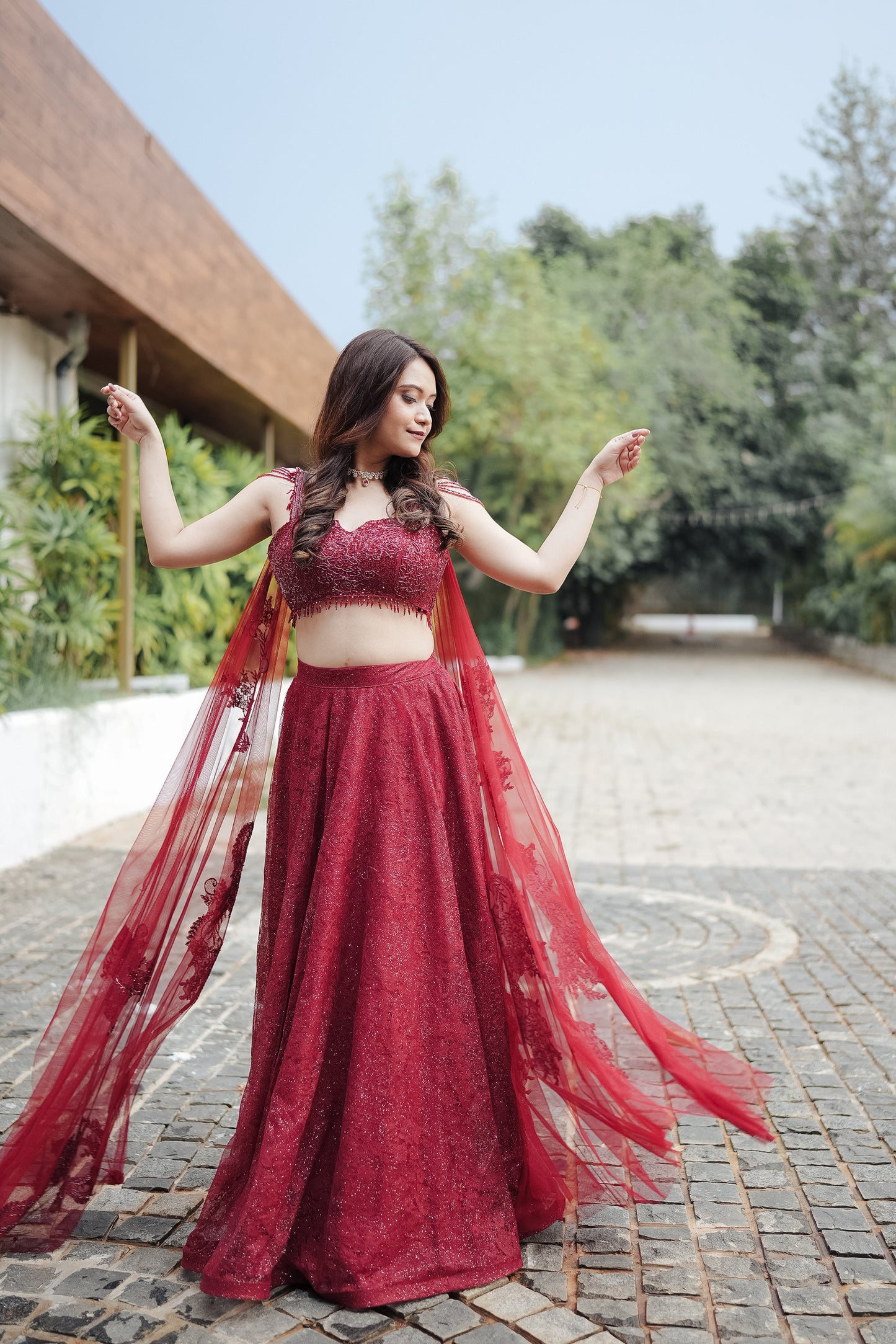 Maroon Chantilly Crystal Lehenga