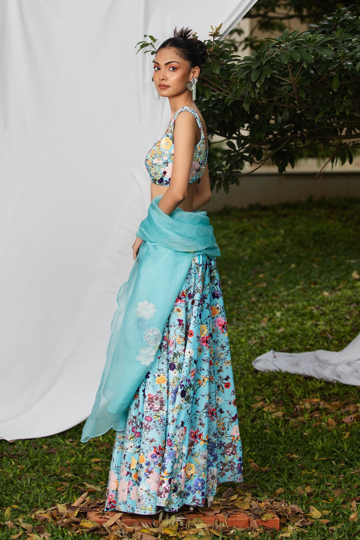 Monotone botanical floral lehenga