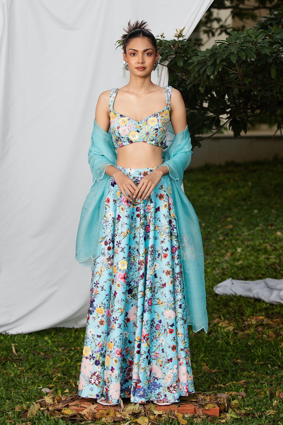 Monotone botanical floral lehenga