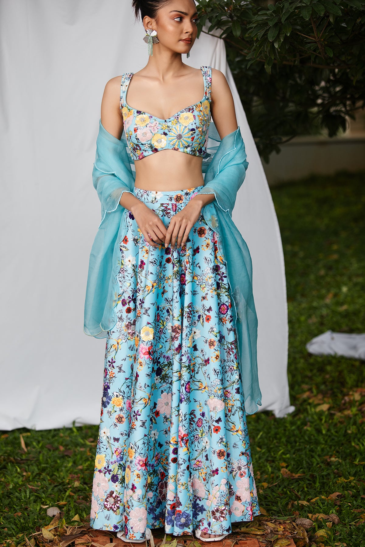 Monotone botanical floral lehenga