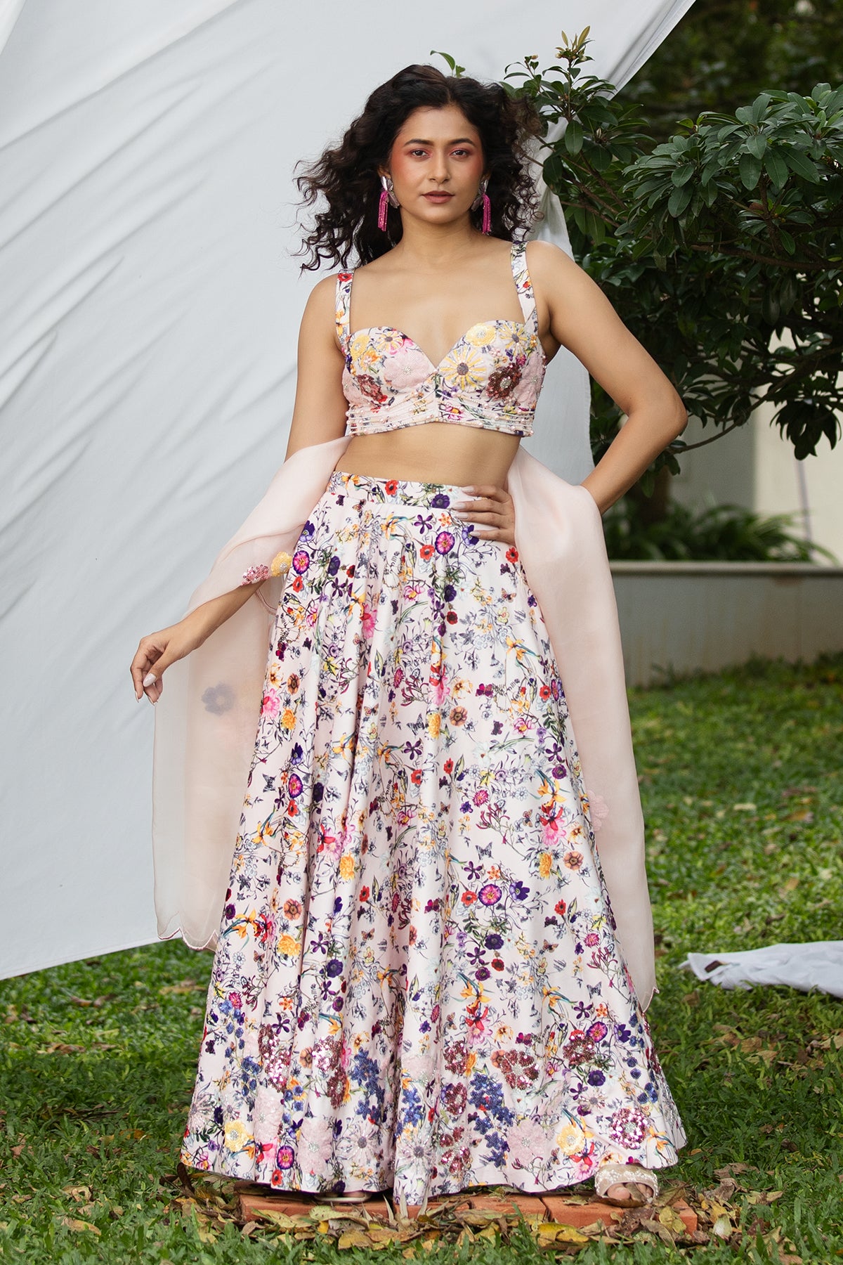 Monotone botanical floral lehenga