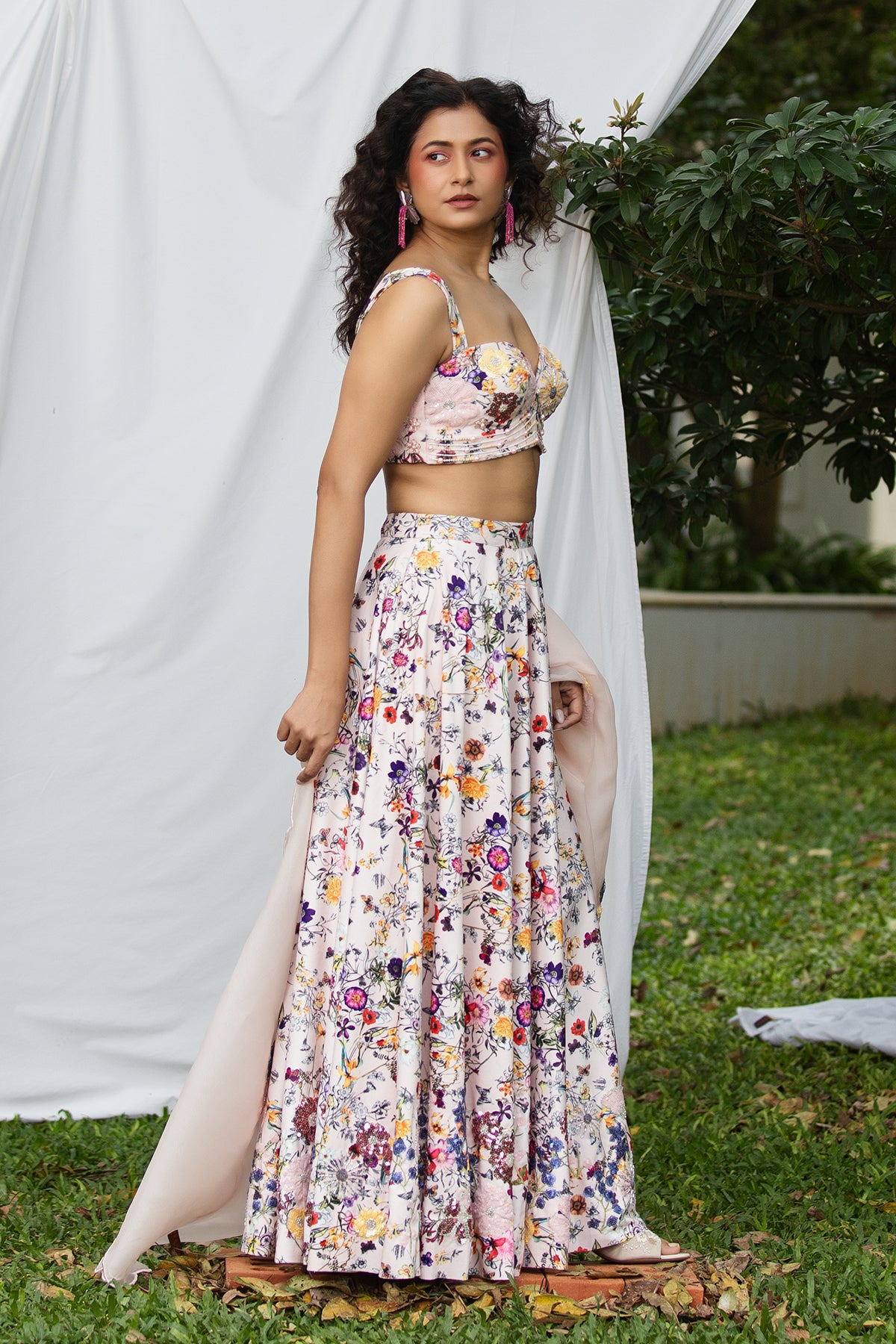 Monotone botanical floral lehenga