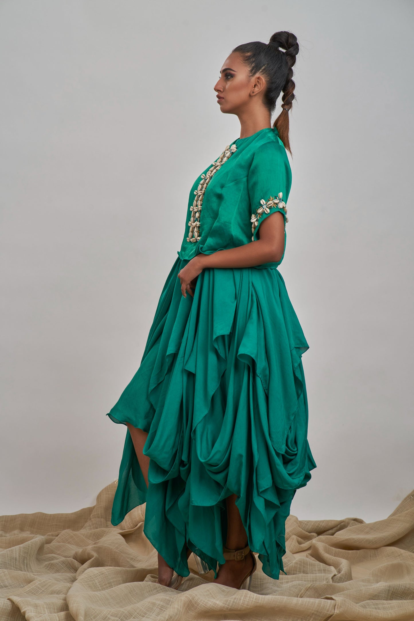 Green kodi embroidered blouse with ruffled gown