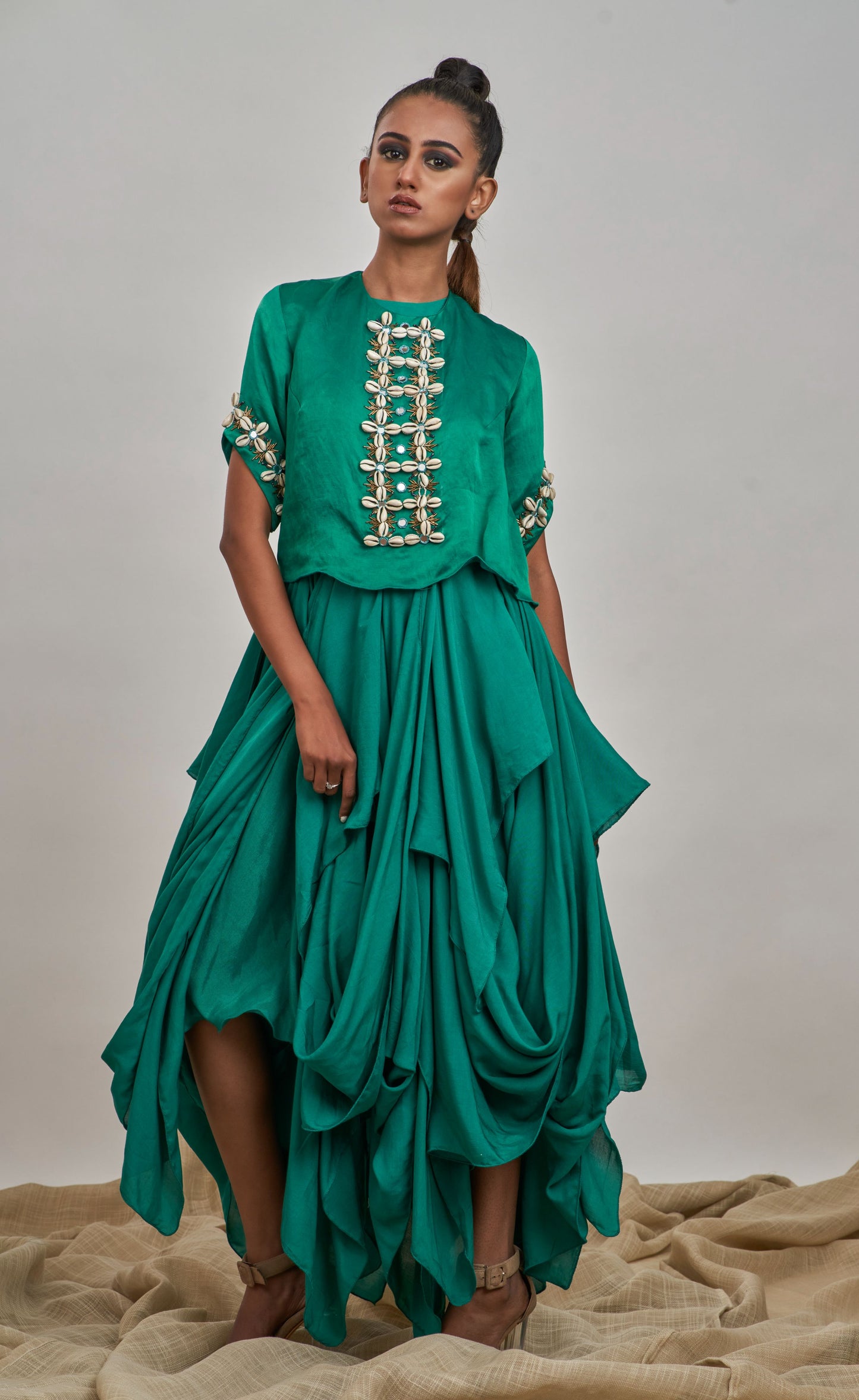 Green kodi embroidered blouse with ruffled gown