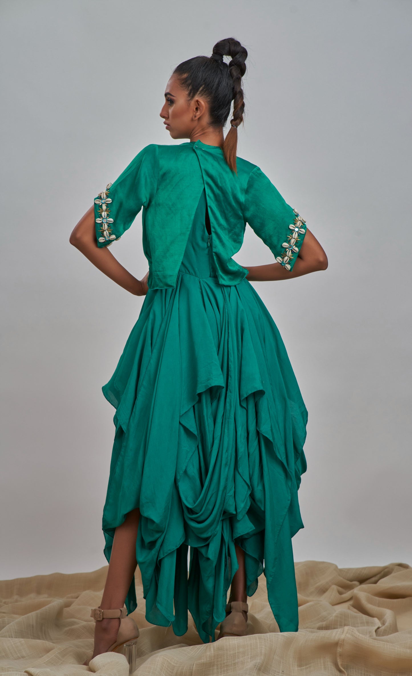 Green kodi embroidered blouse with ruffled gown