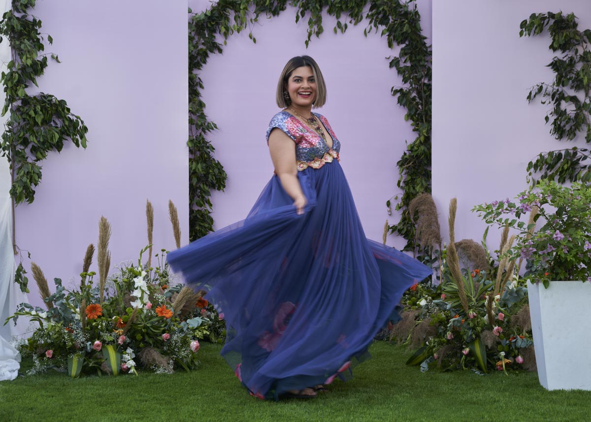 Windflower Printed Tulle gown with sequin bodice